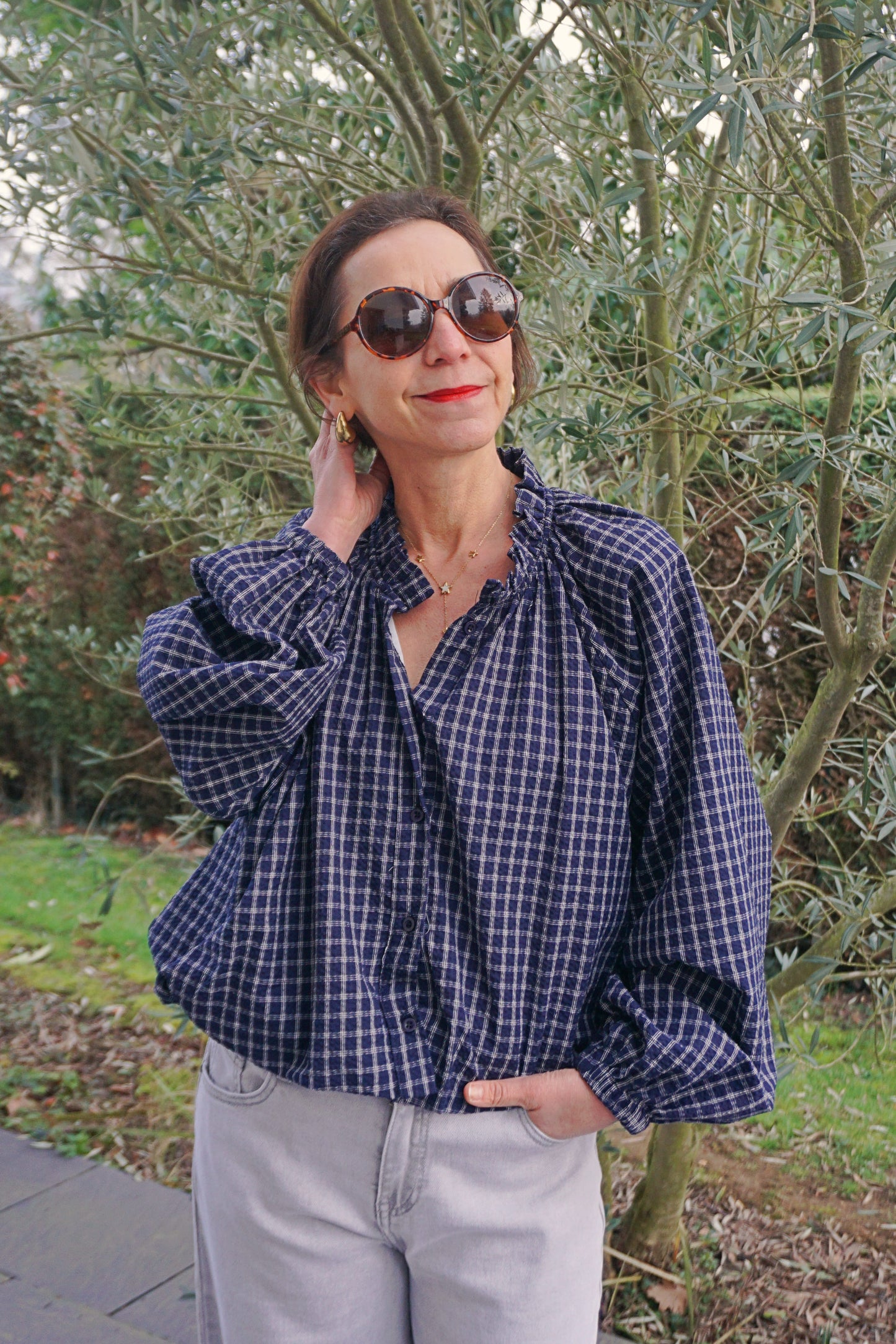 Blouse à carreaux bleue marine boule