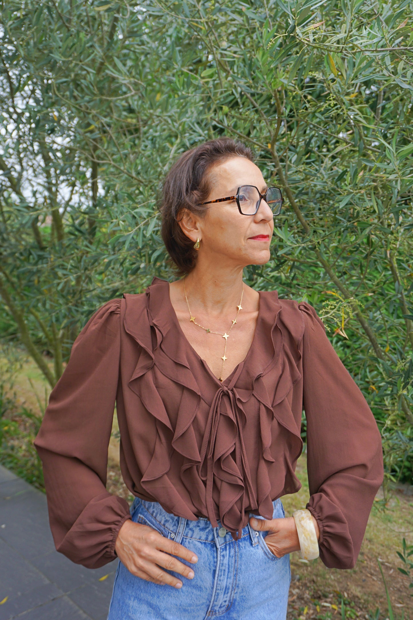 Blouse à volants marron chocolat