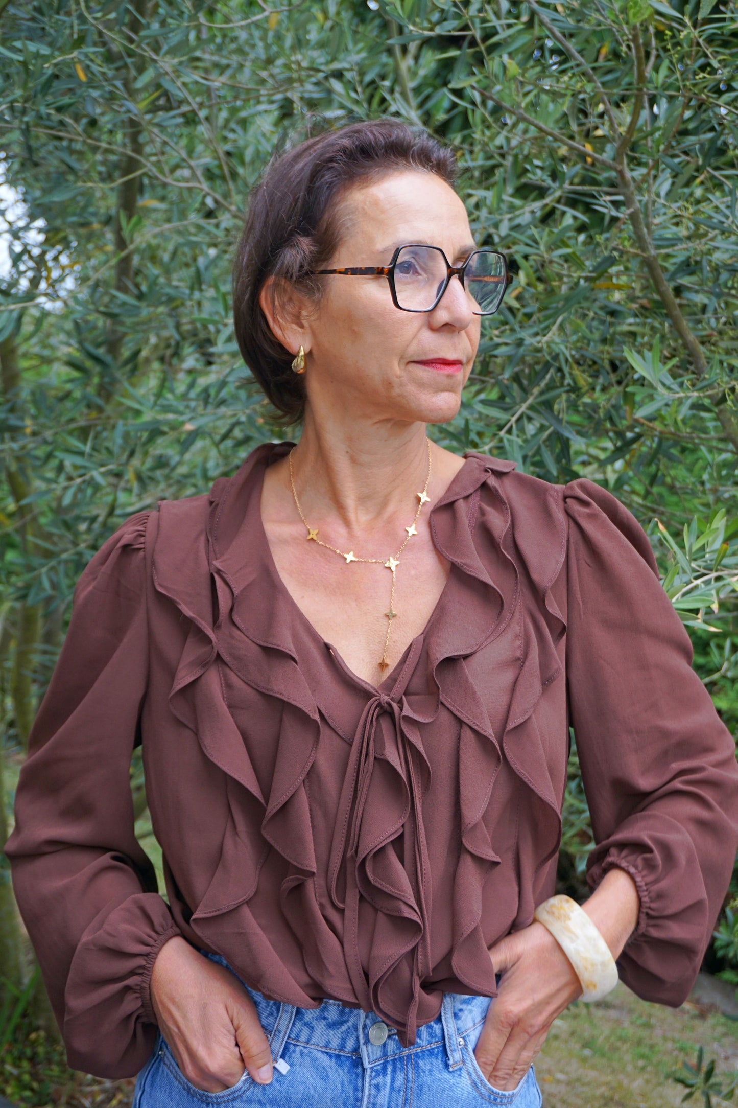 Blouse à volants marron chocolat