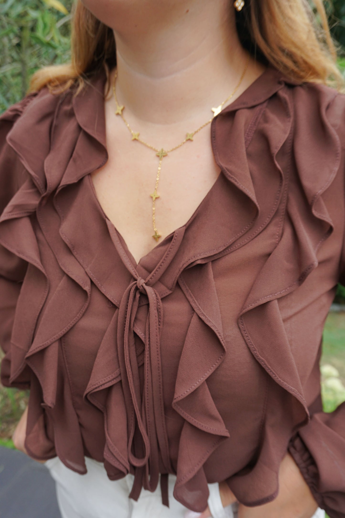 Blouse à volants marron chocolat