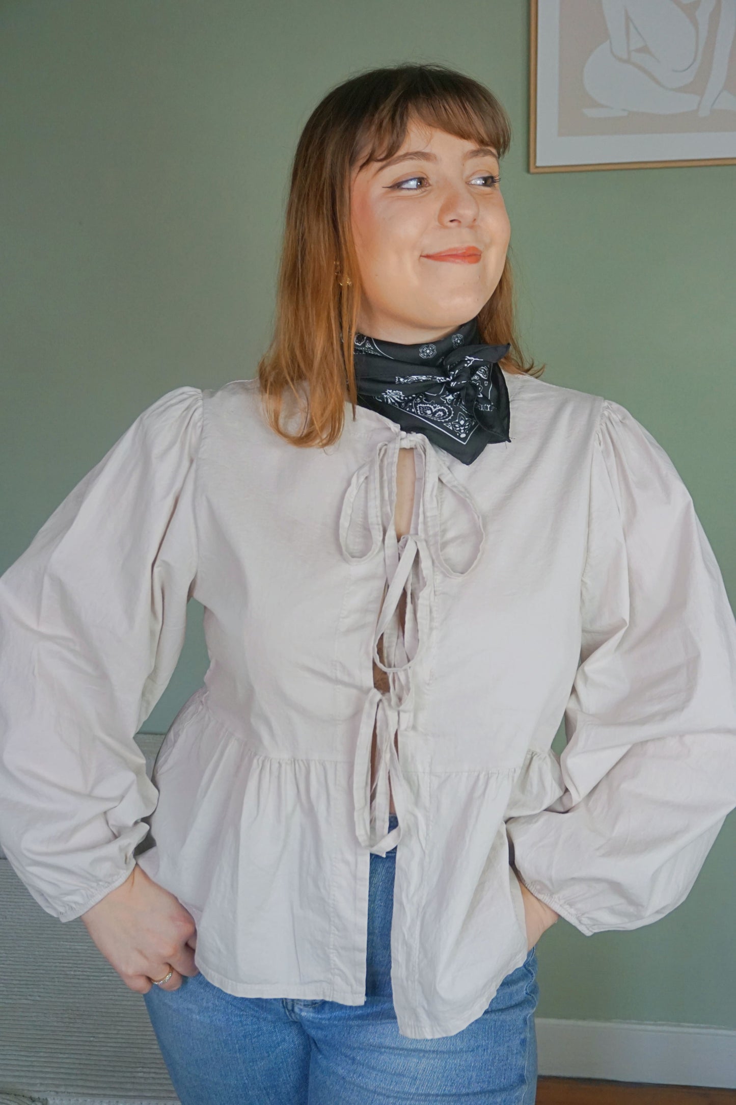 Blouse coton nœuds beige