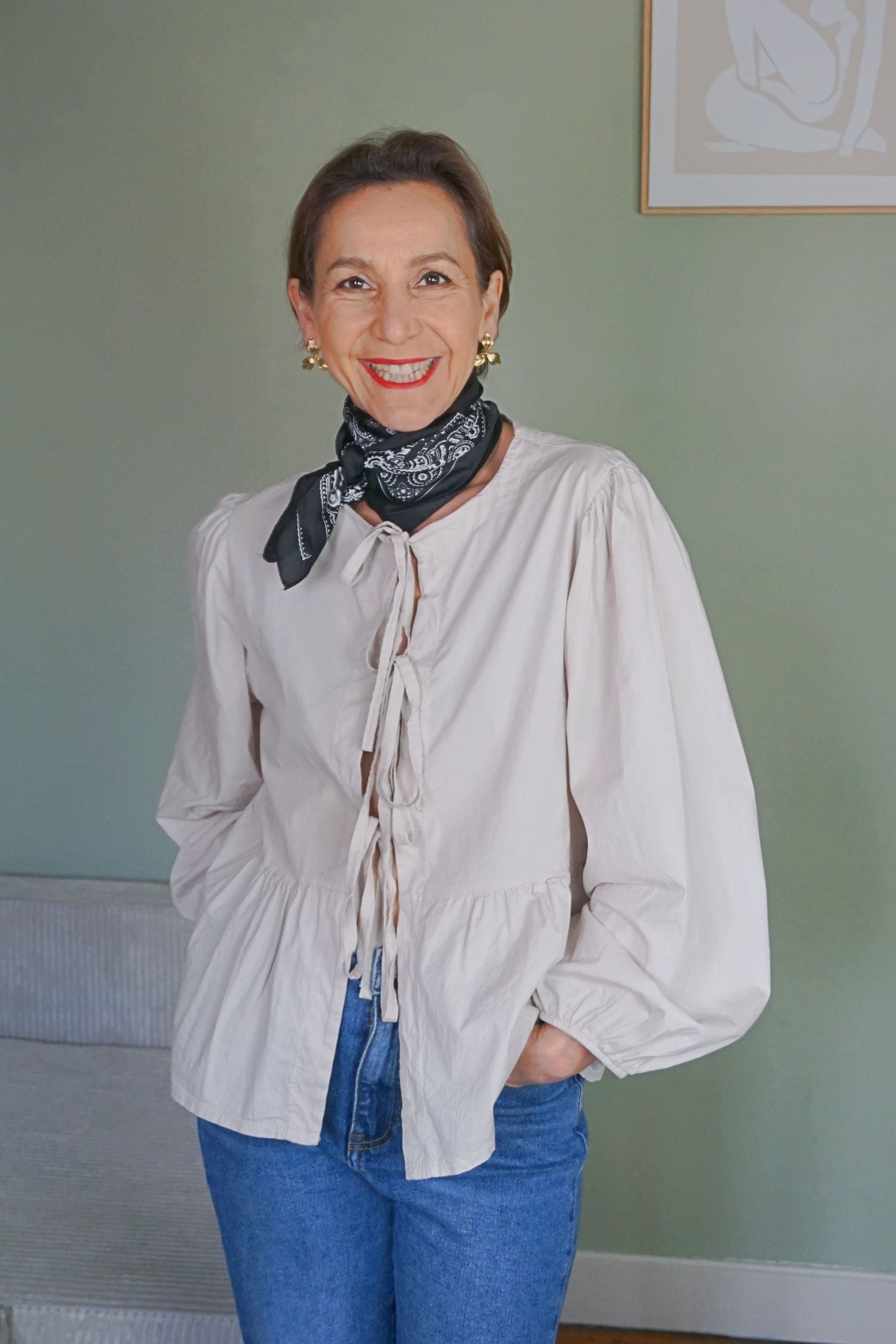 Blouse coton nœuds beige