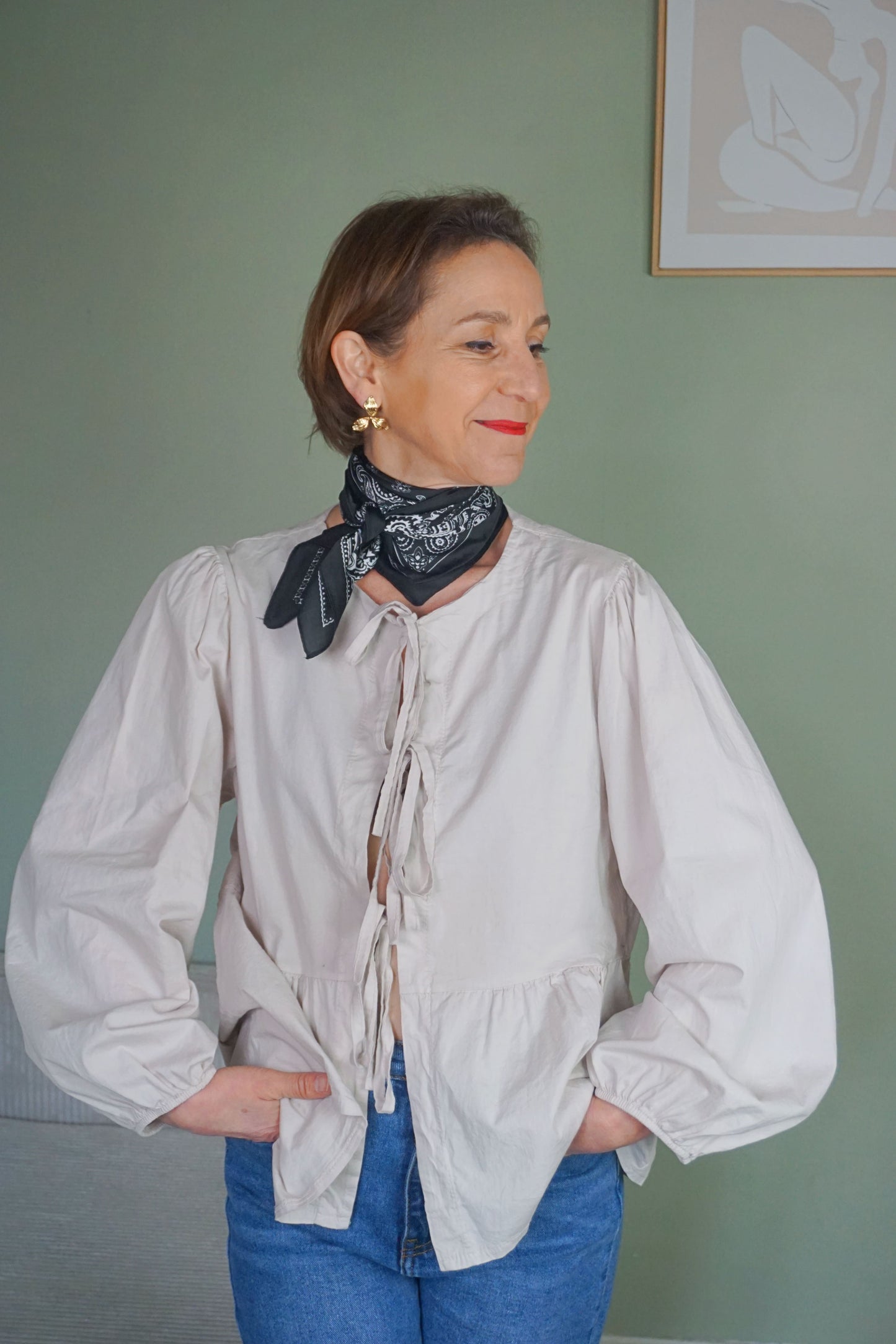Blouse coton nœuds beige