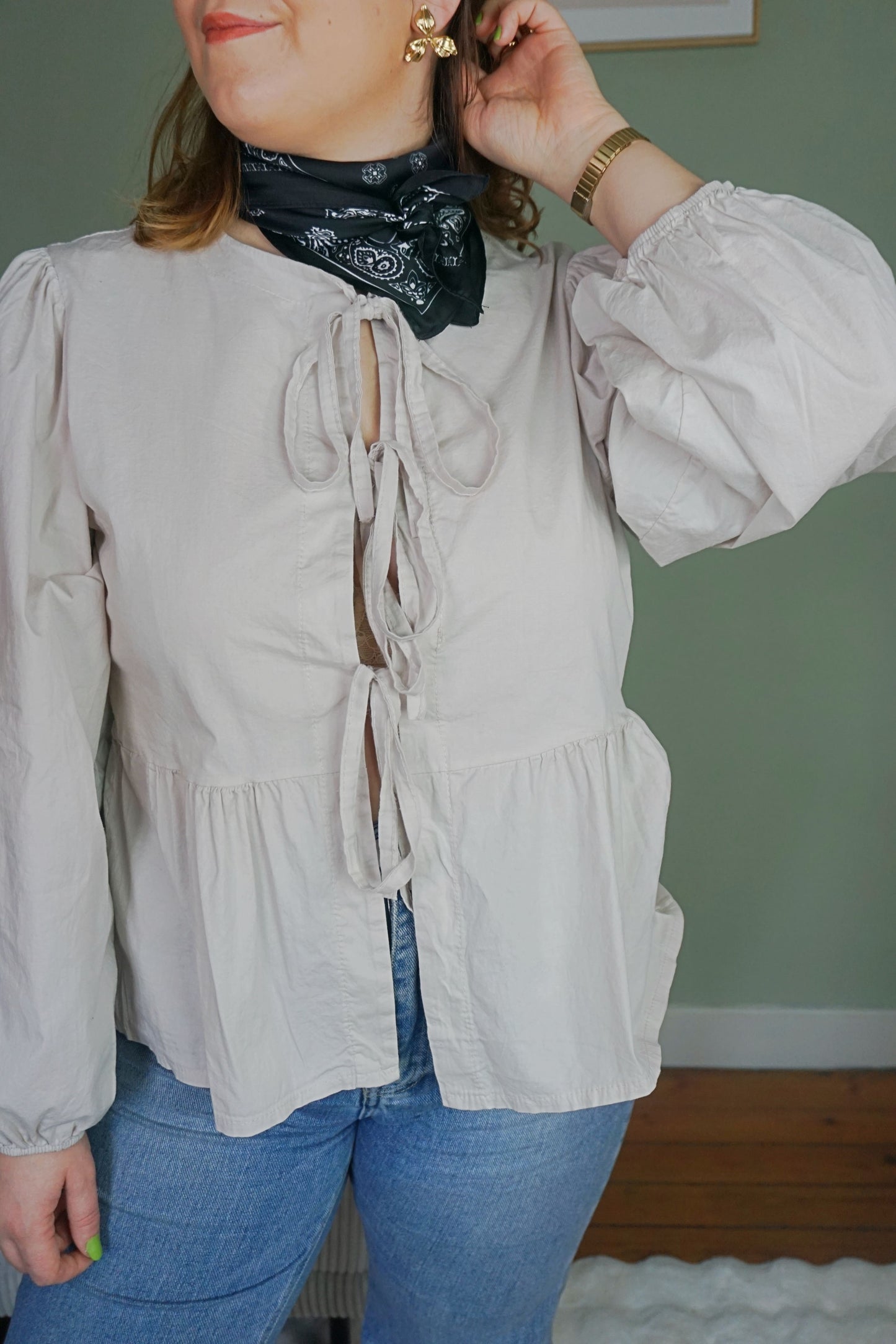 Blouse coton nœuds beige