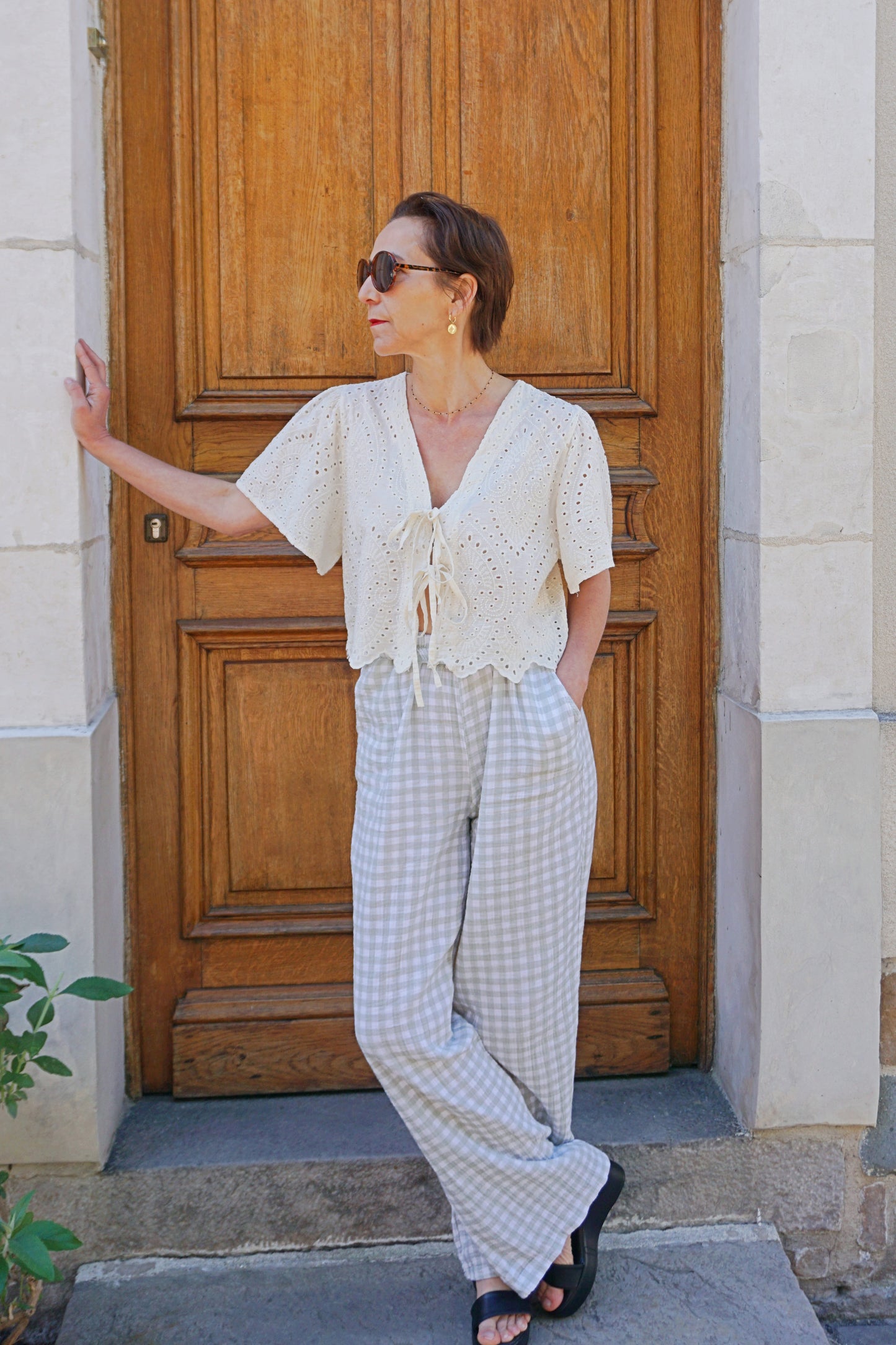 Blouse broderie anglaise manches courtes crème coton