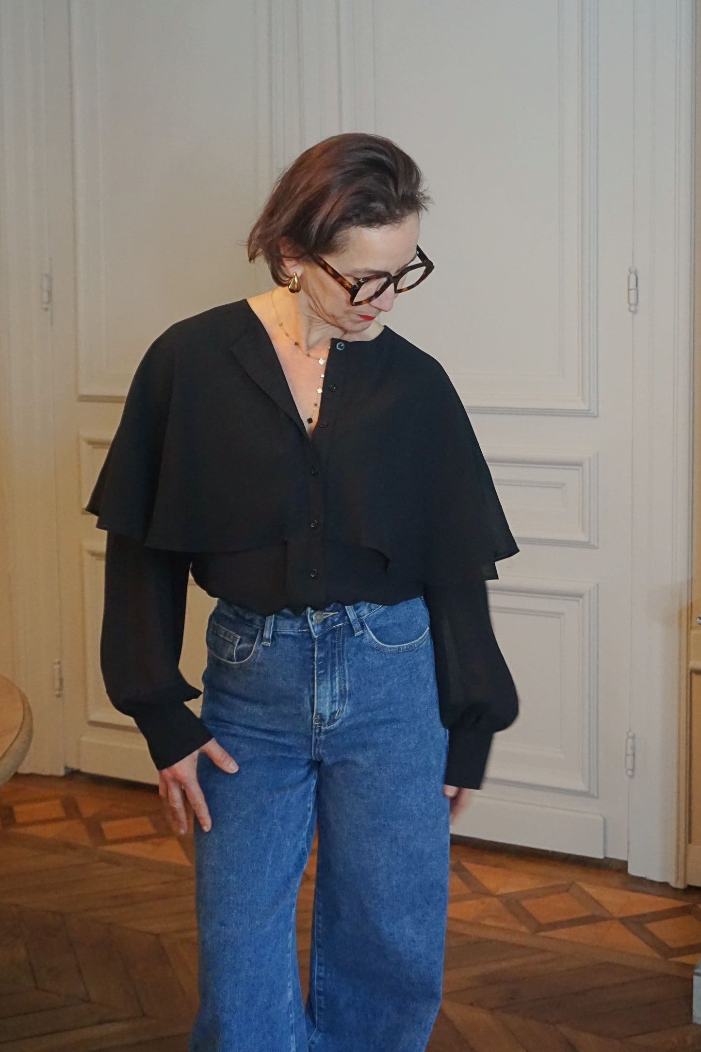 Blouse noire volant coton