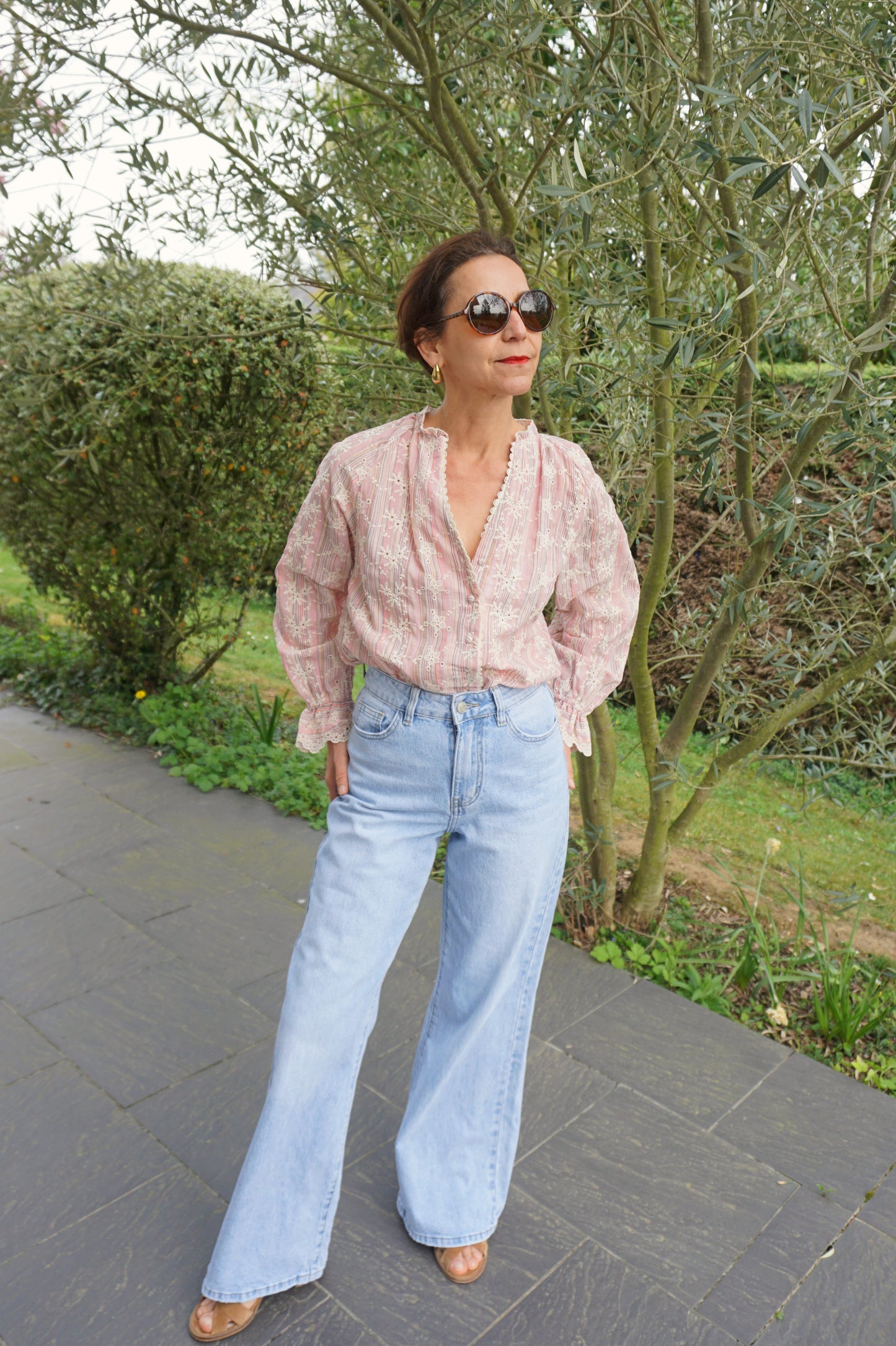 Blouse rose brodée coton