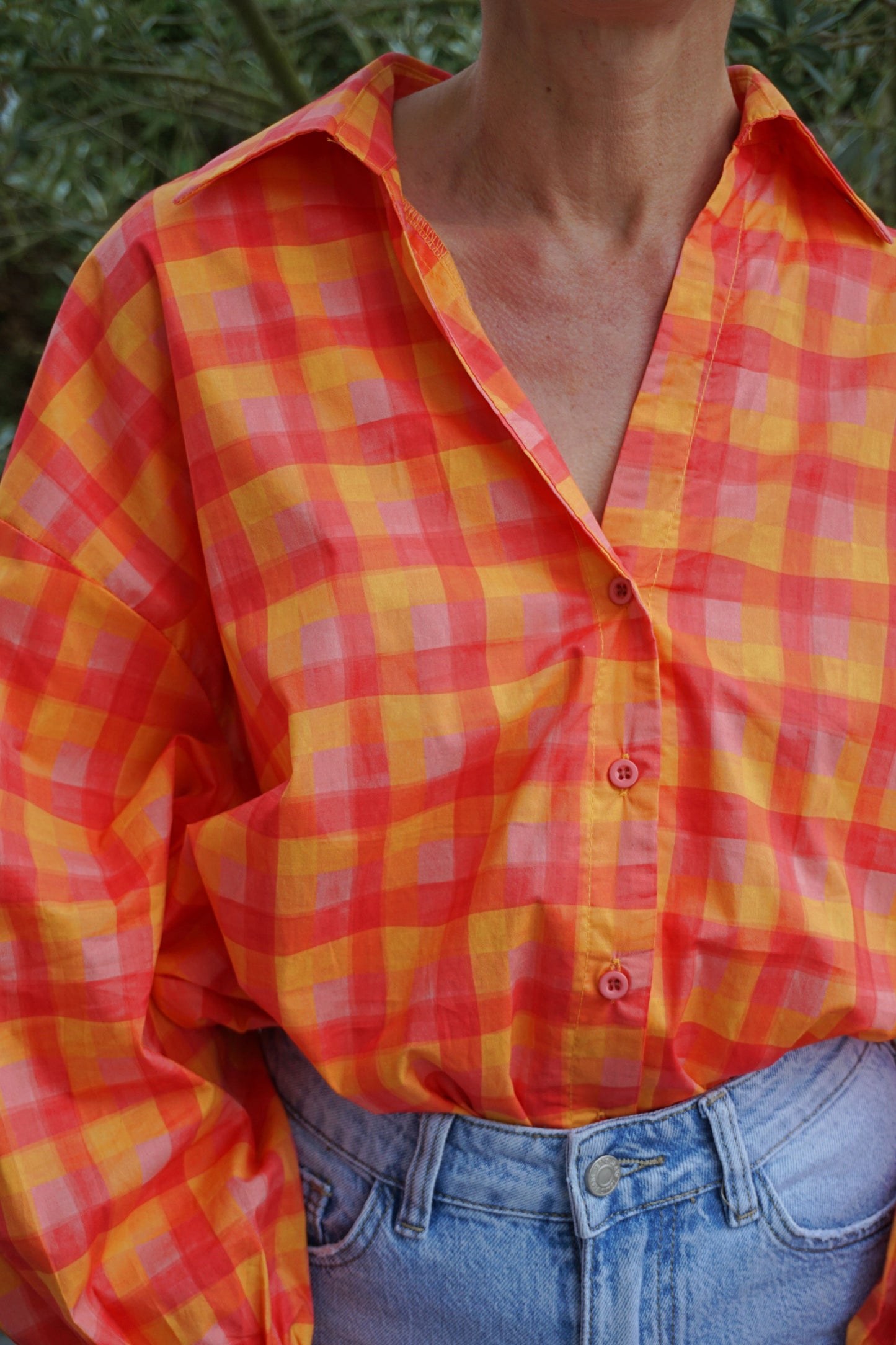 Chemise à carreaux orange rose coton