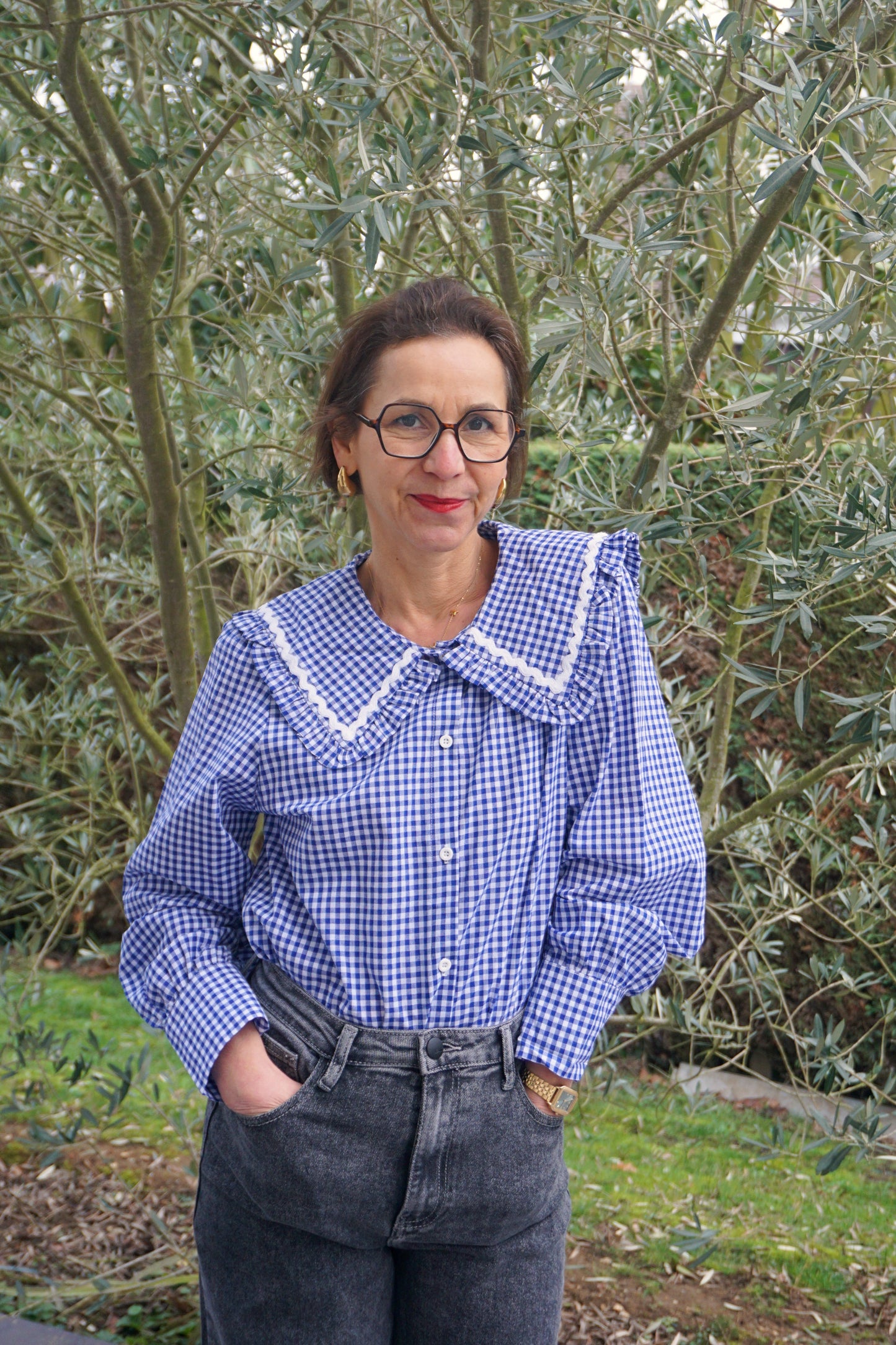 Chemise bleue vichy col claudine coton