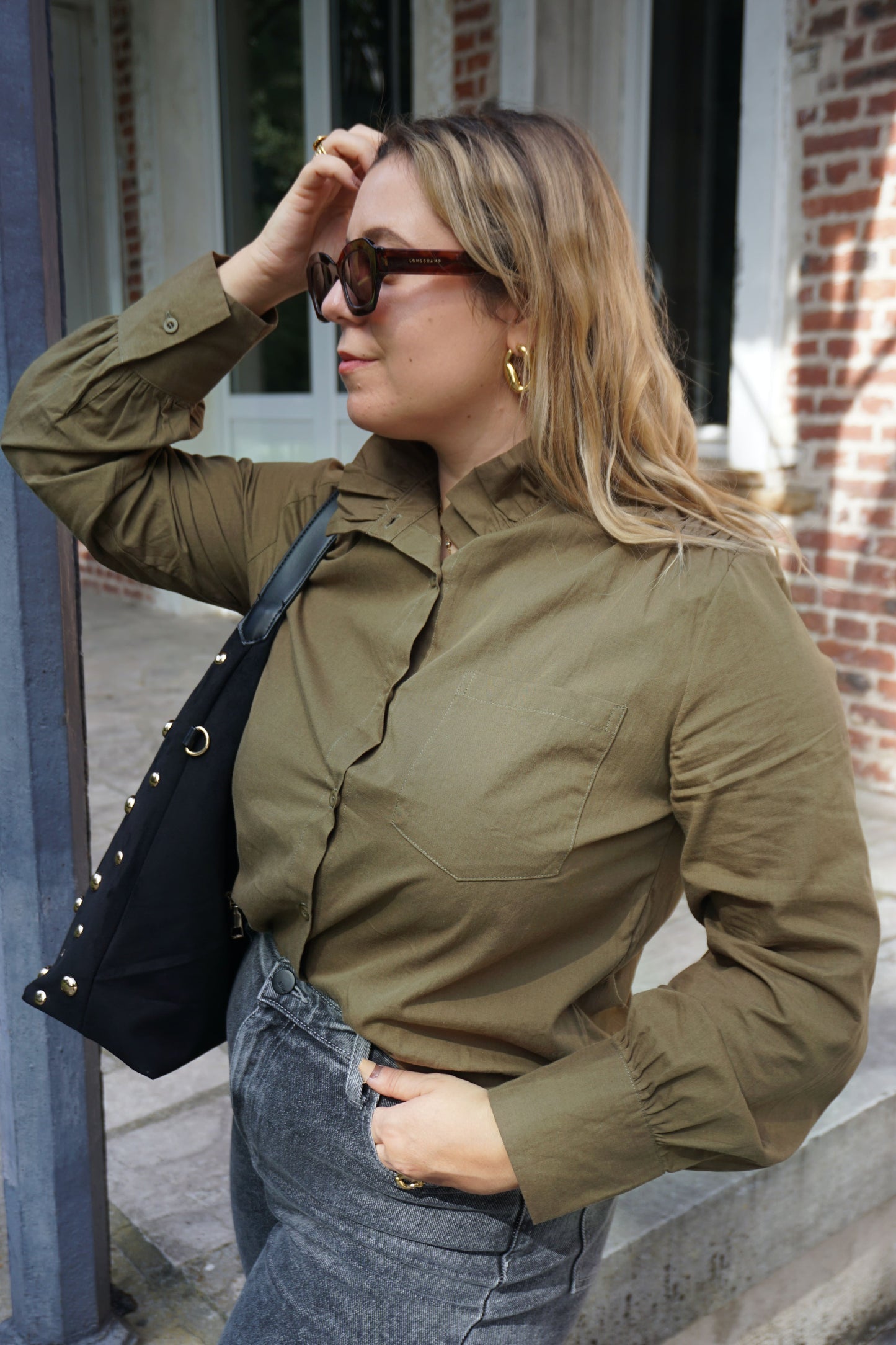 Chemise kaki col froncé coton