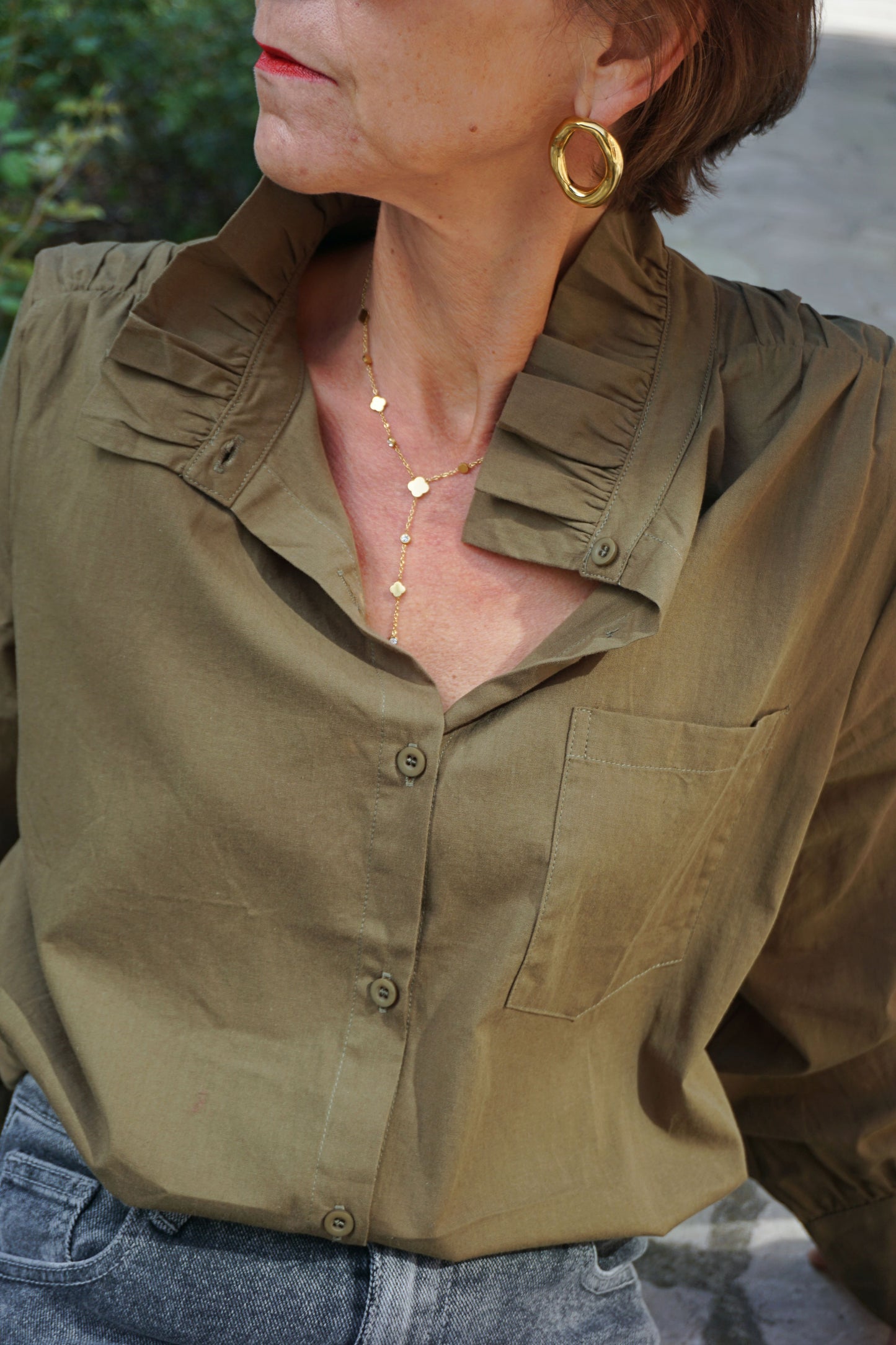Chemise kaki col froncé coton
