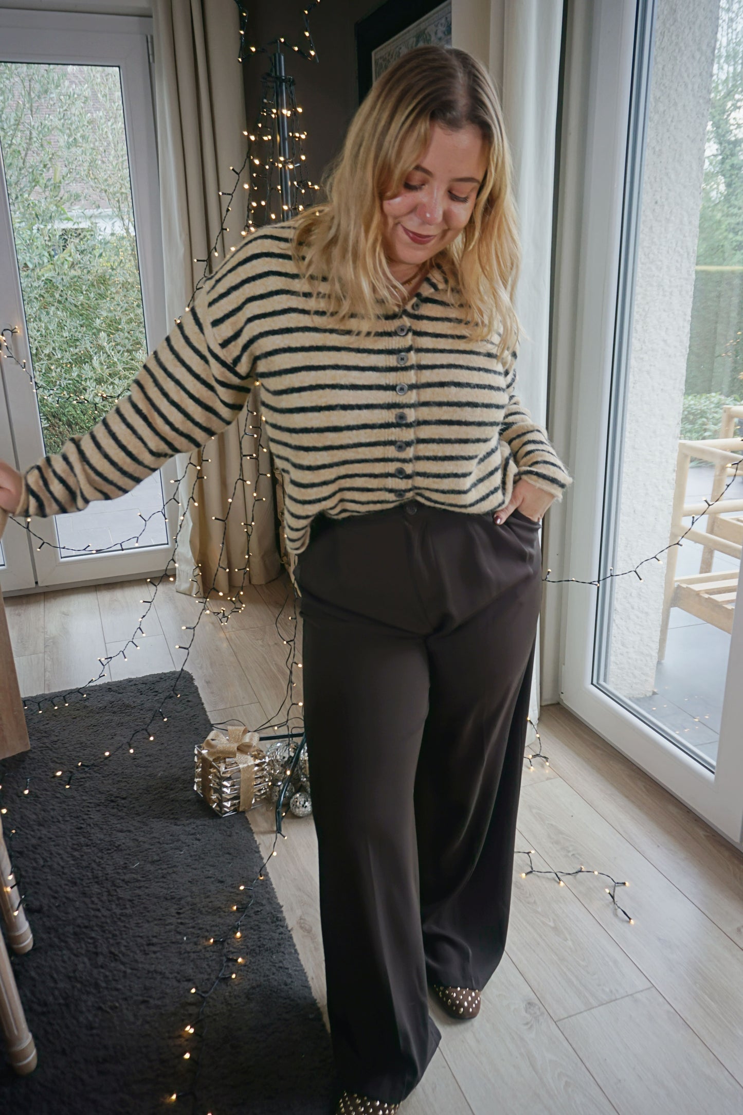 Gilet alpaga rayé taupe et noir