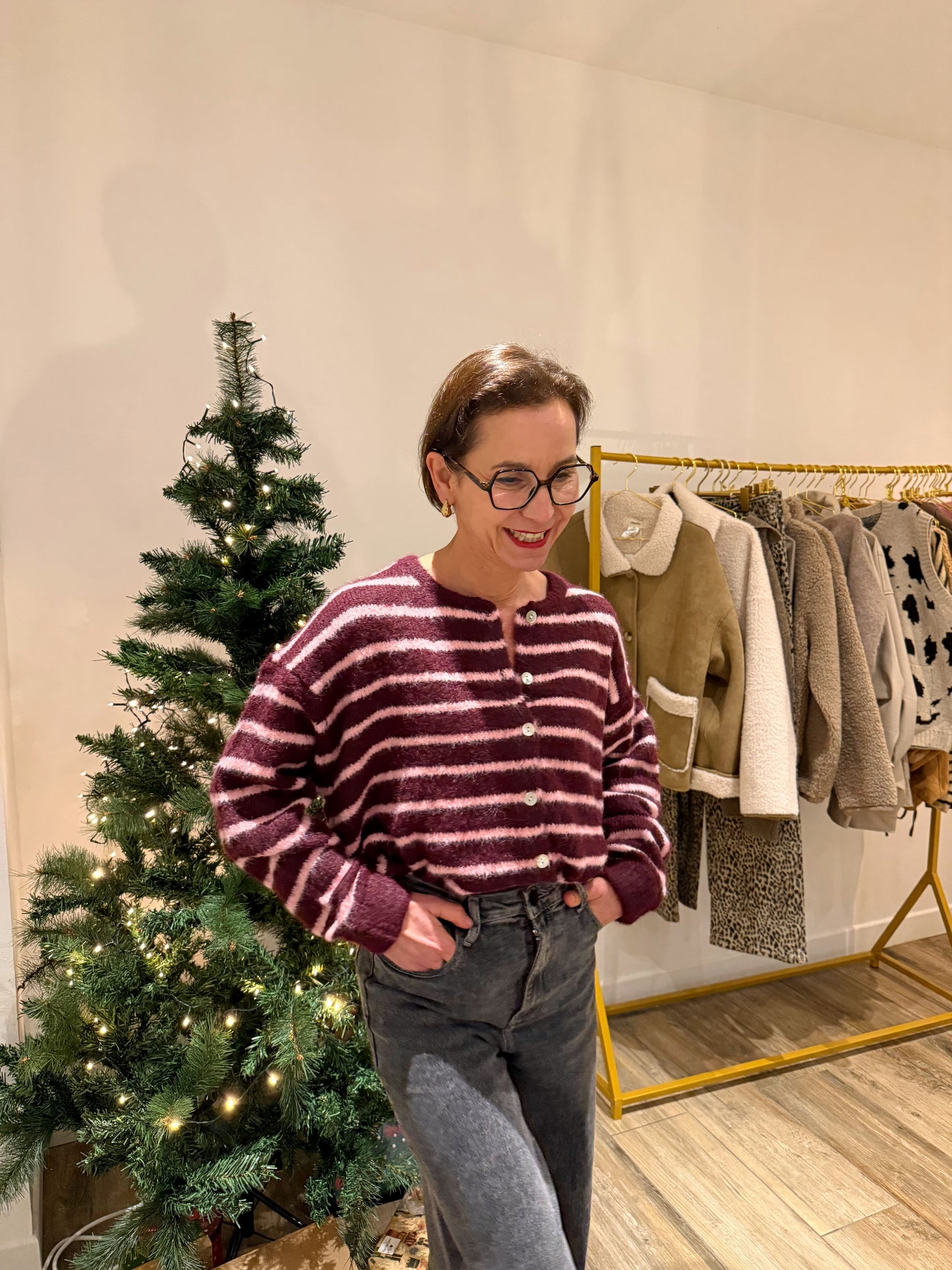 Gilet rayé bordeaux et rose