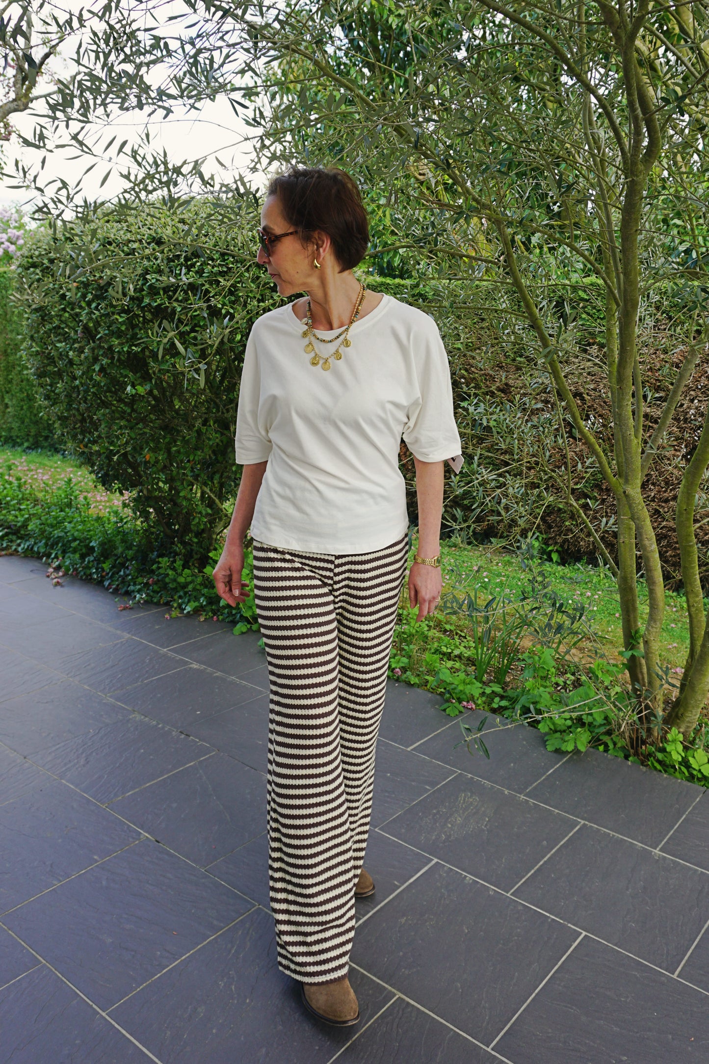 Pantalon crochet rayé marron et crème