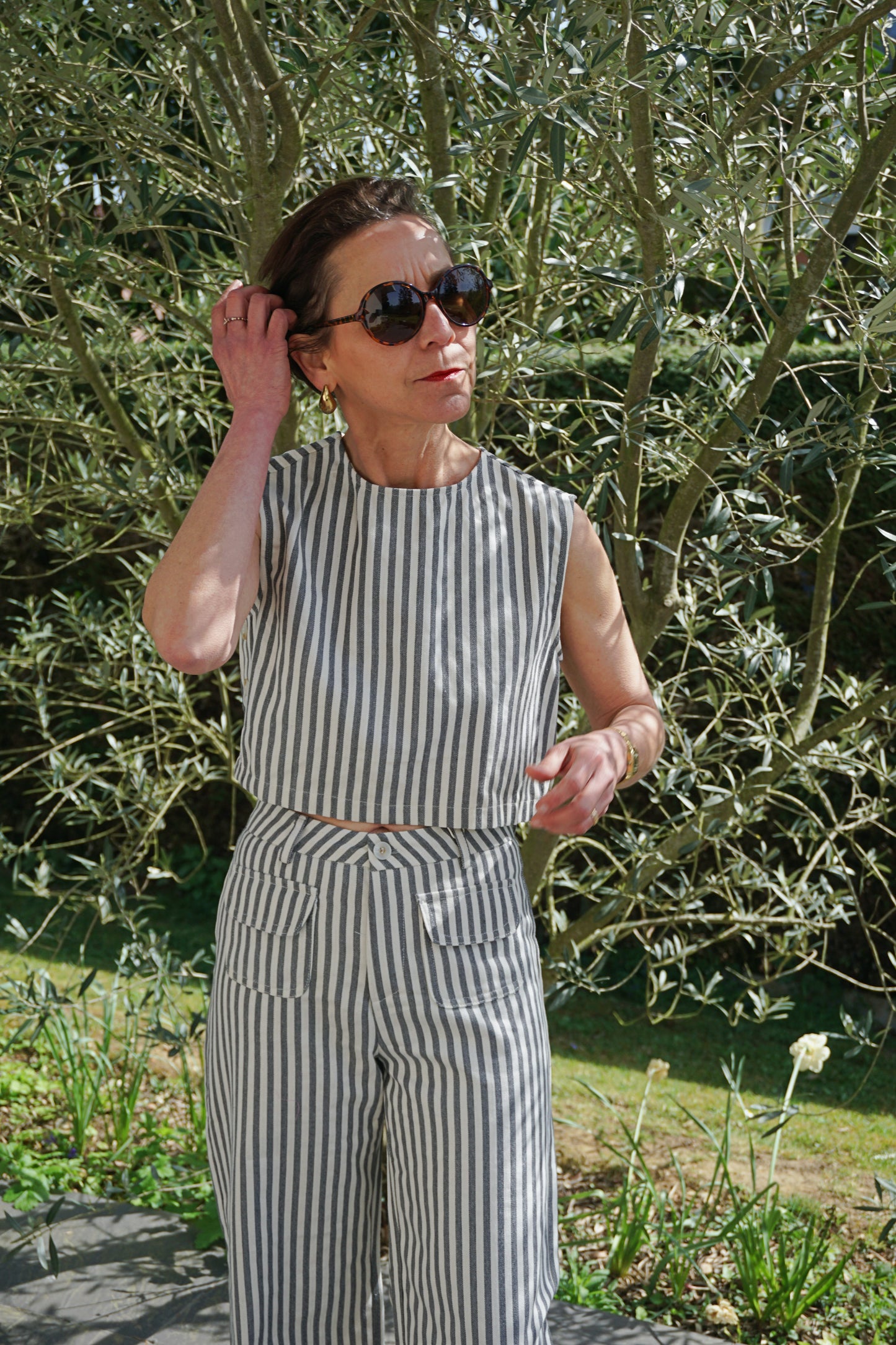Pantalon rayé bleu gris coton