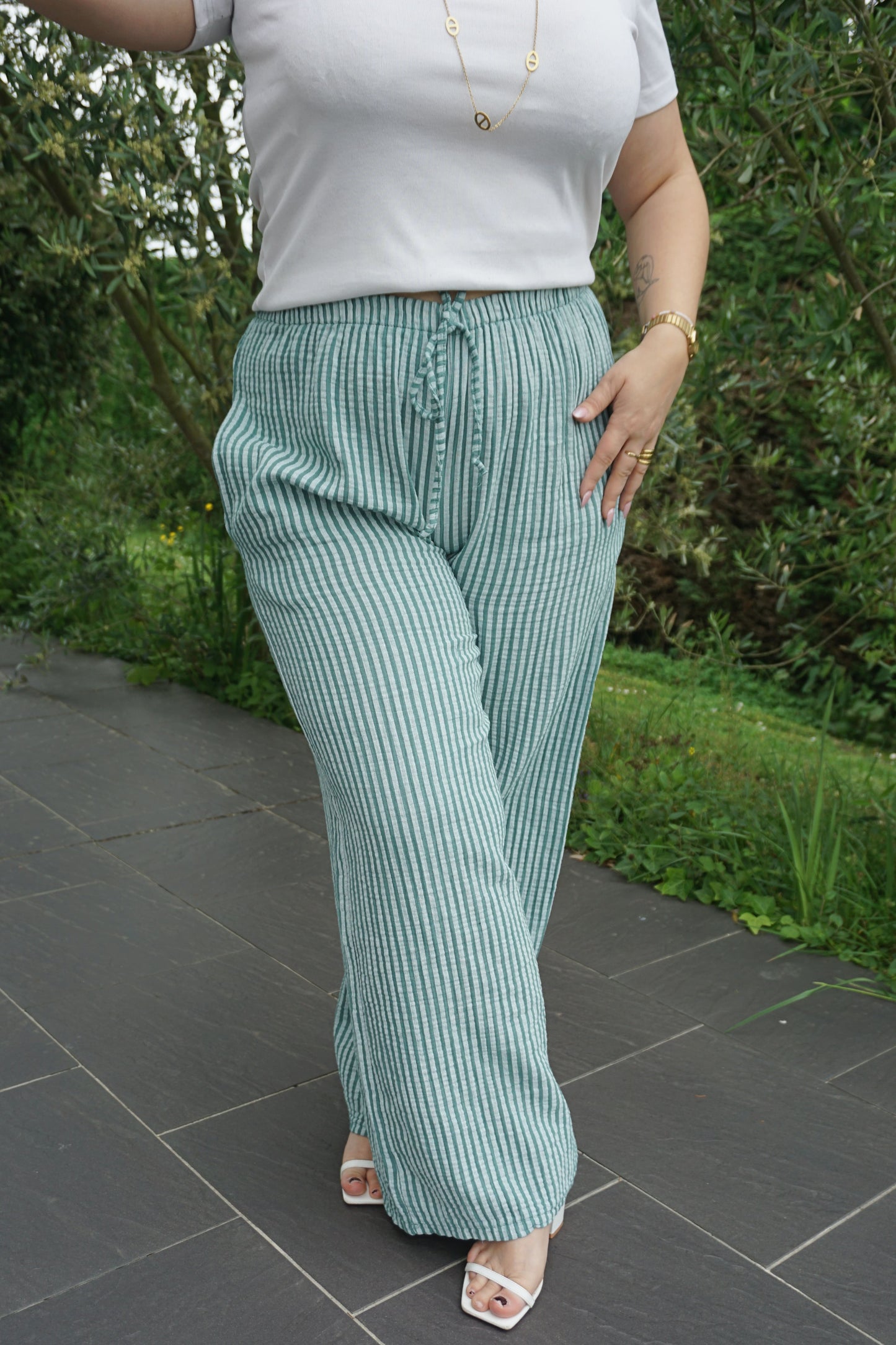 Pantalon rayé turquoise gaze de coton