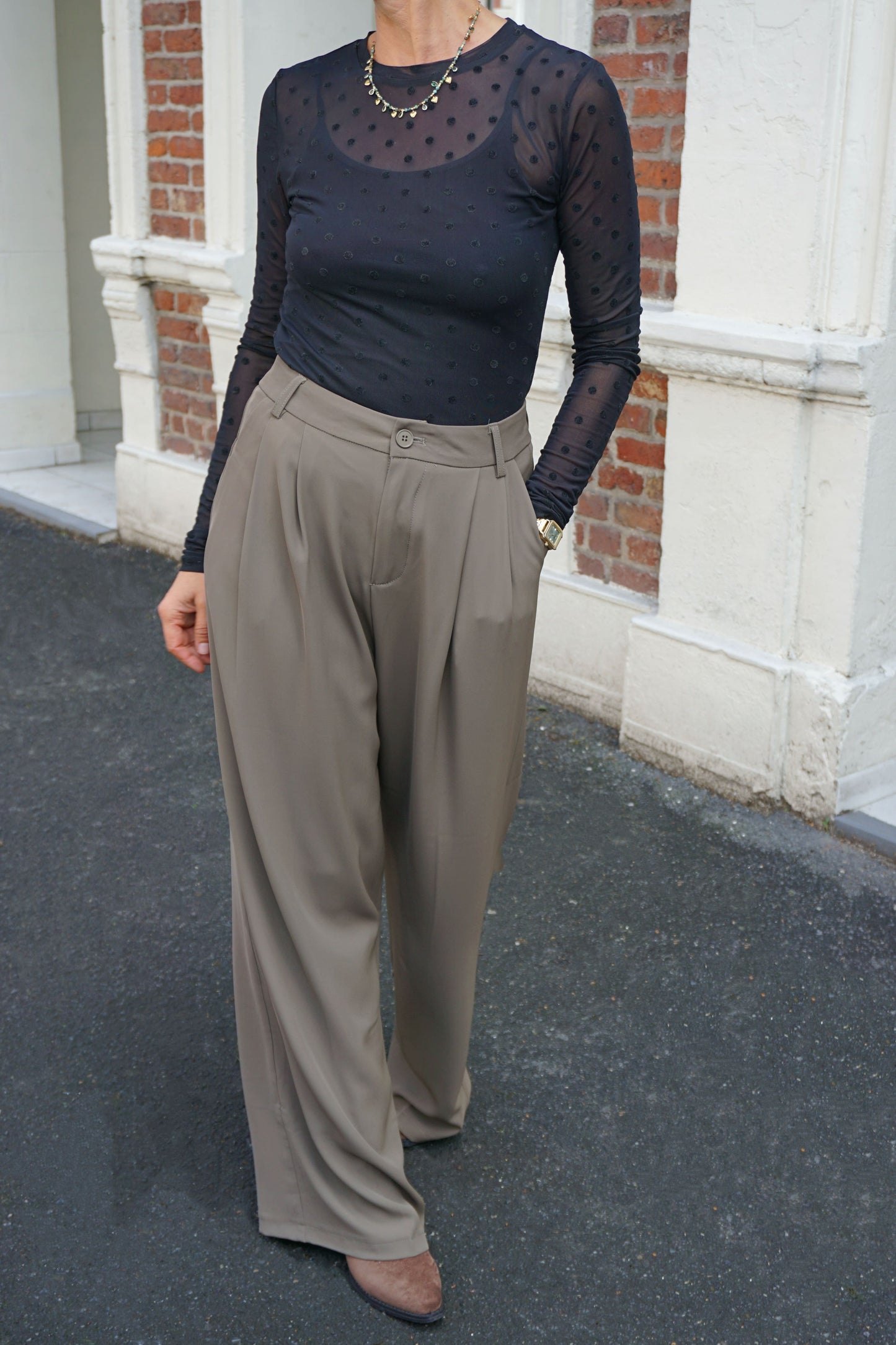 Pantalon tailleur kaki wide leg