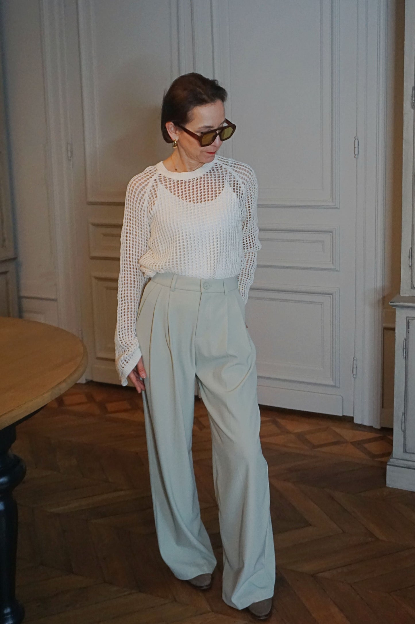 Pantalon tailleur vert wide leg