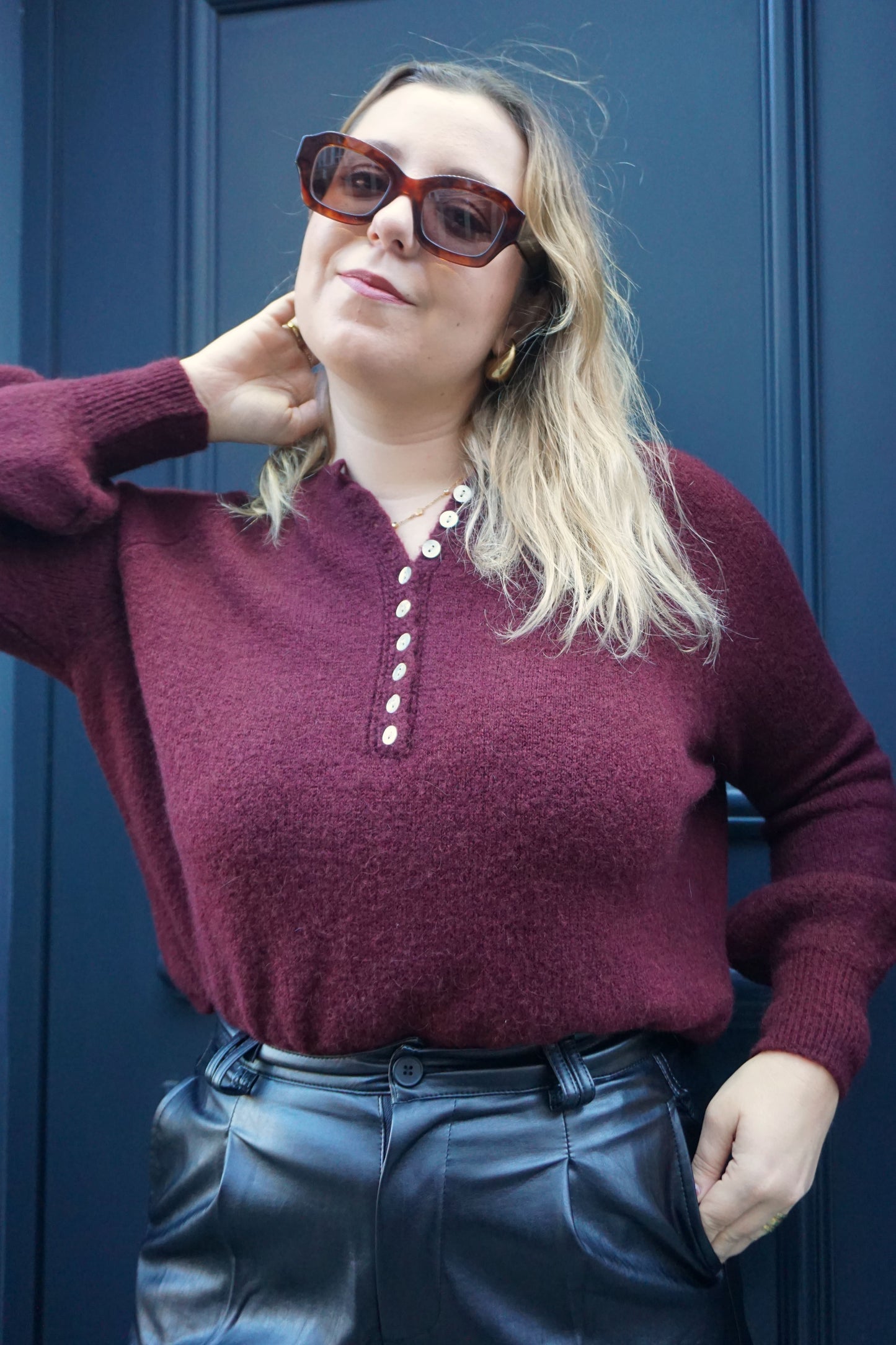 Pull alpaga bordeaux à boutons