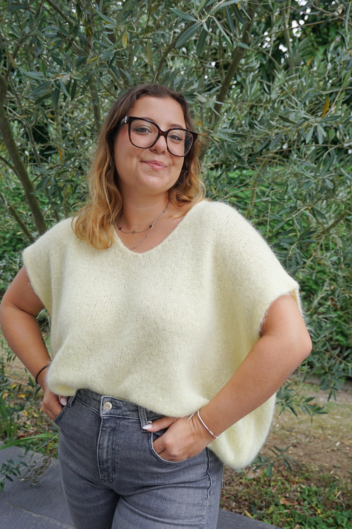 Pull jaune alpaga manches courtes