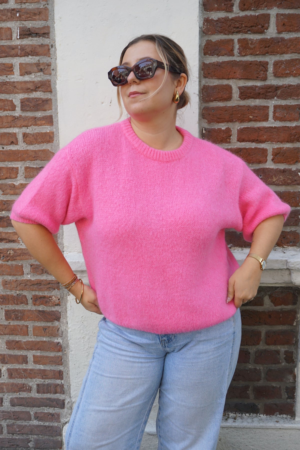 Pull mohair rose manches 3/4