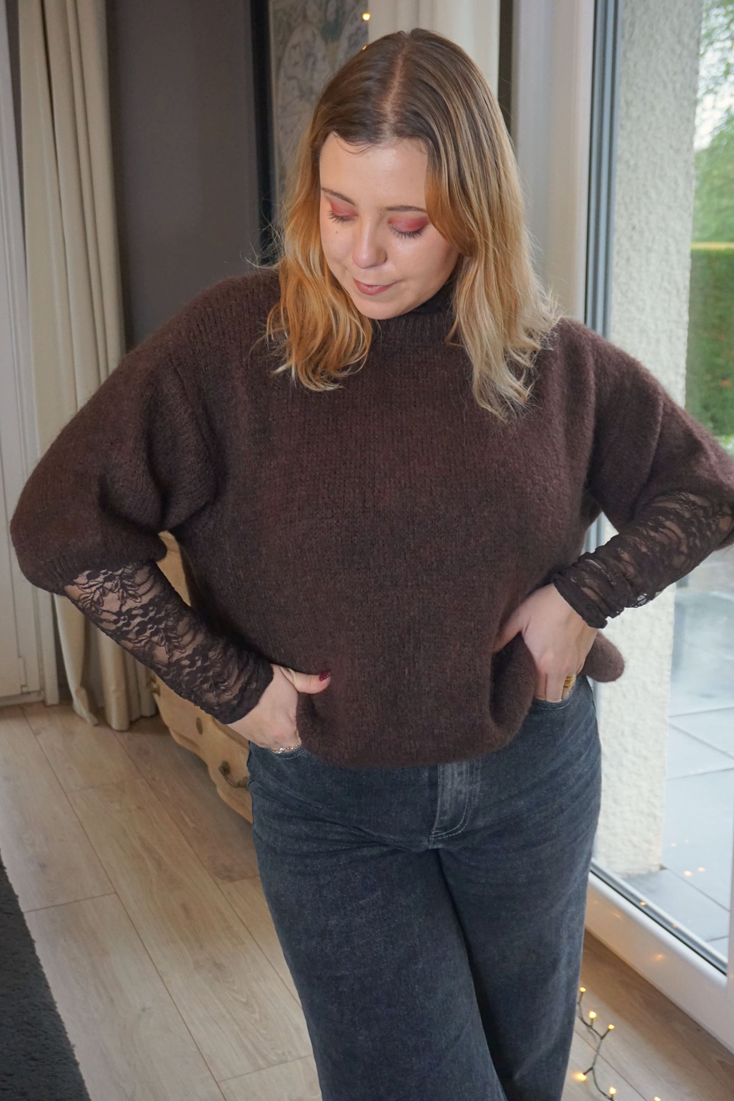 Pull mohair marron manches 3/4