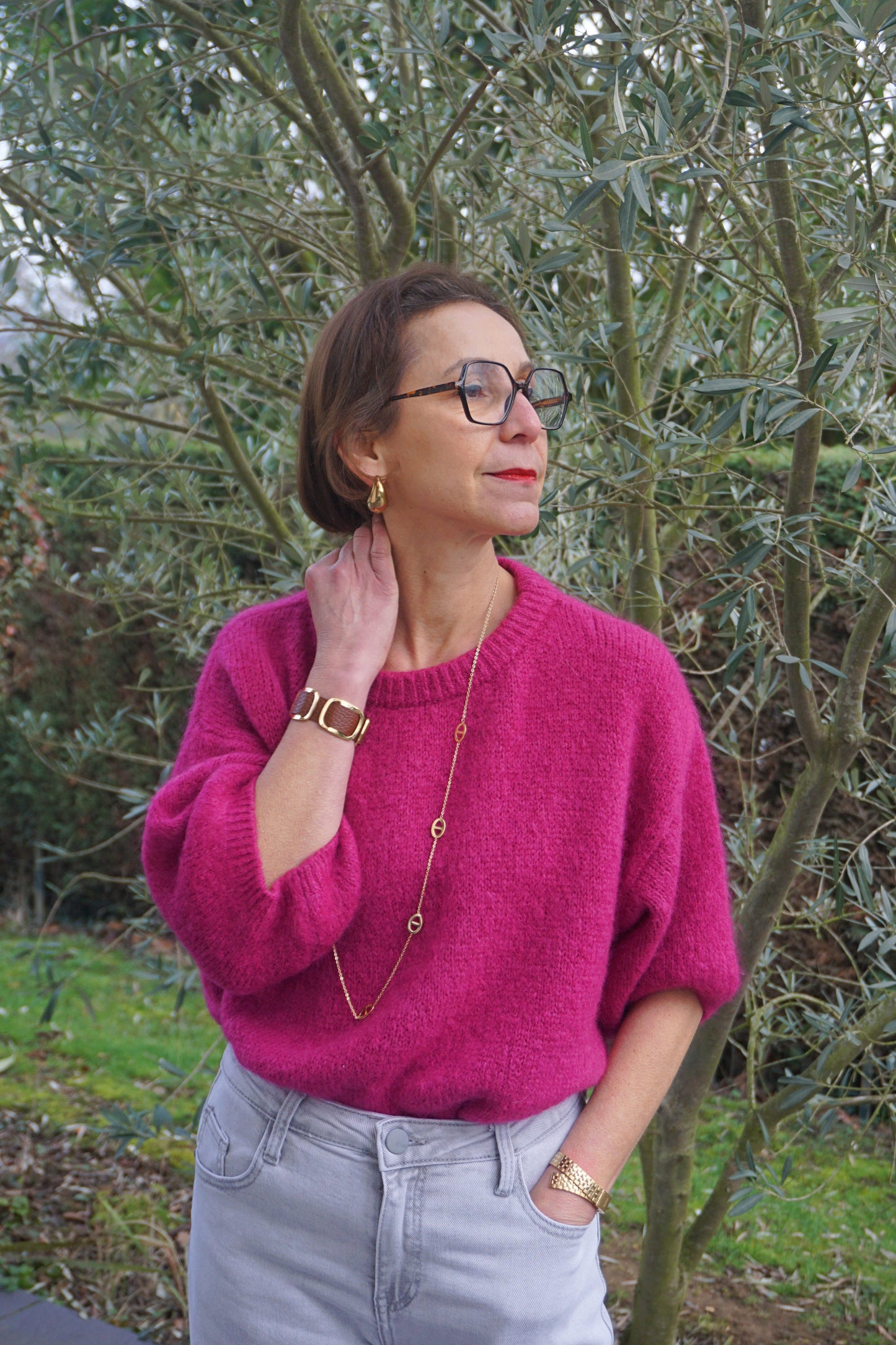 Pull mohair rose manches 3/4