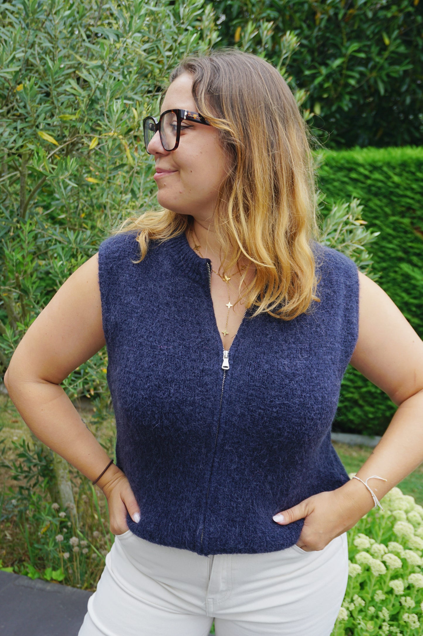 Pull sans manches alpaga zippé bleu marine