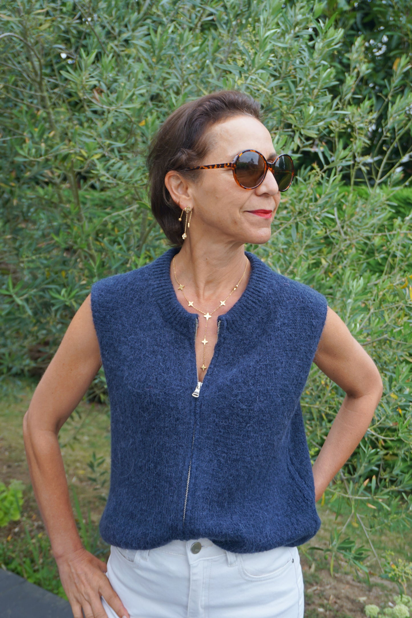 Pull sans manches alpaga zippé bleu marine
