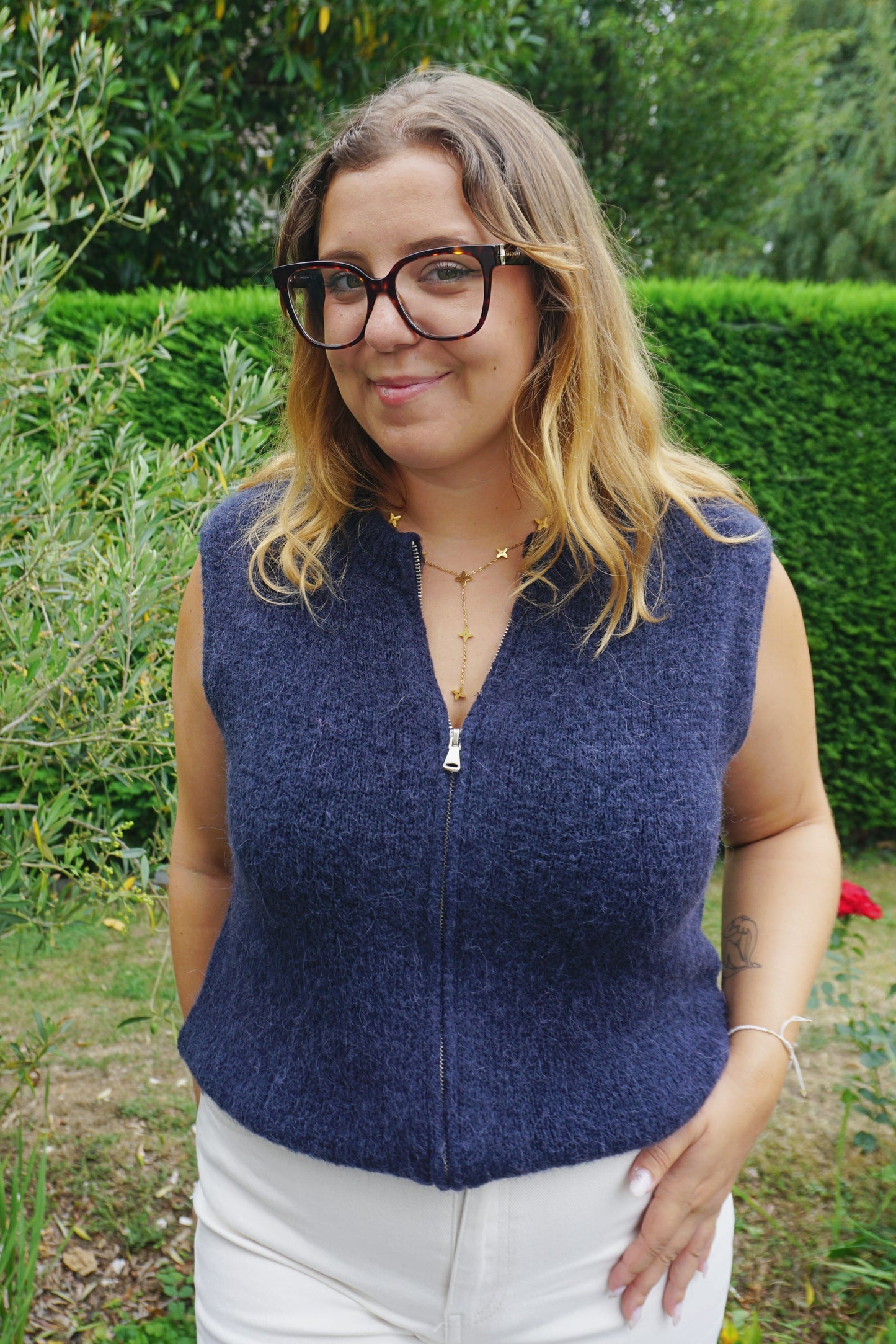 Pull sans manches alpaga zippé bleu marine