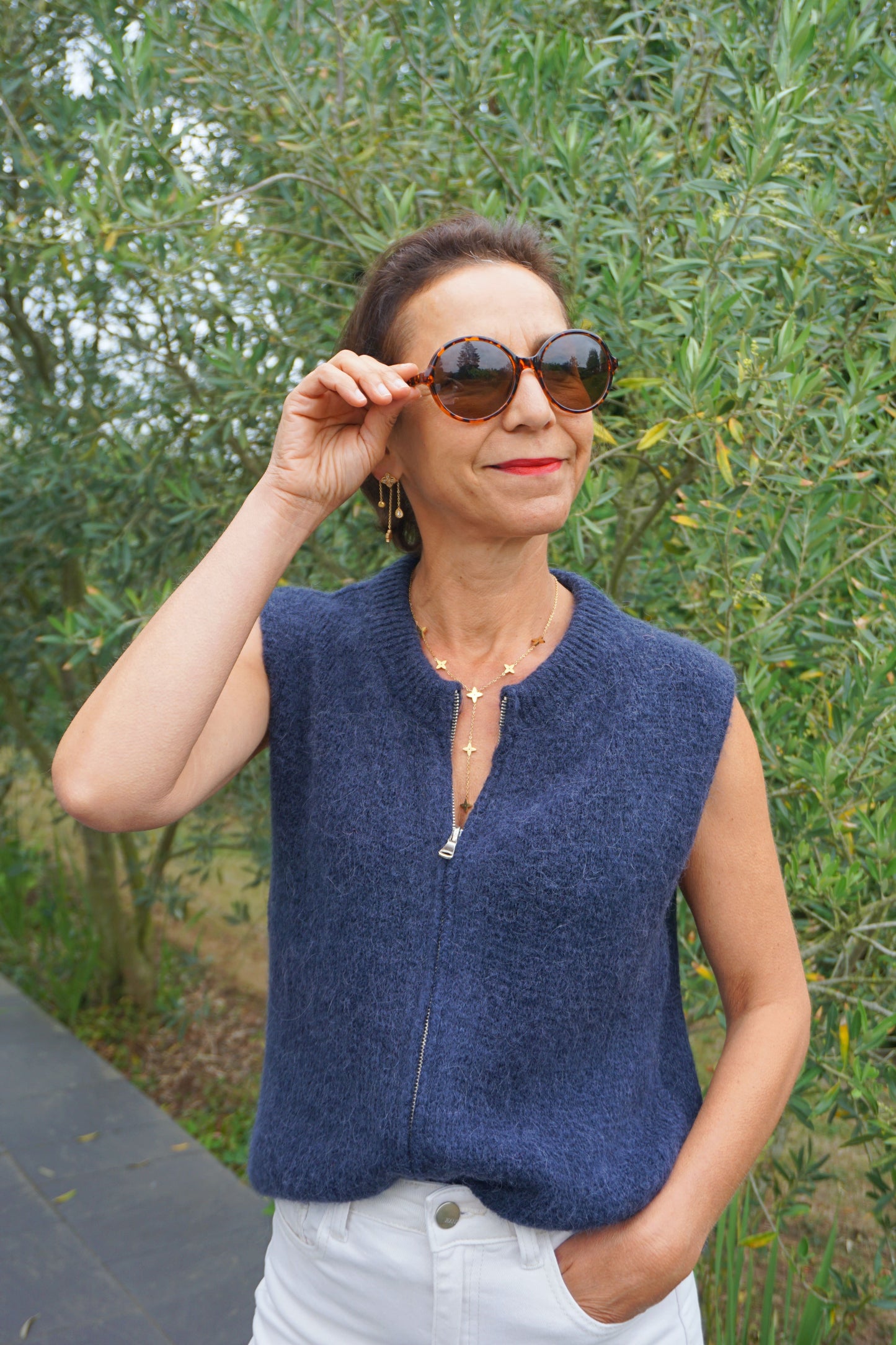Pull sans manches alpaga zippé bleu marine