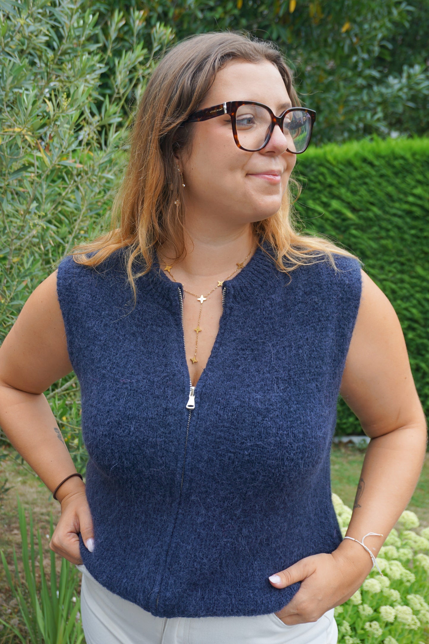 Pull sans manches alpaga zippé bleu marine