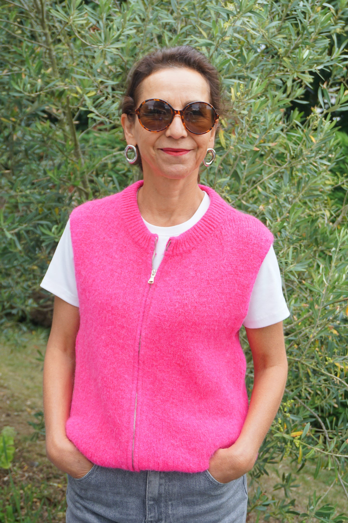 Pull sans manches alpaga zippé rose vif