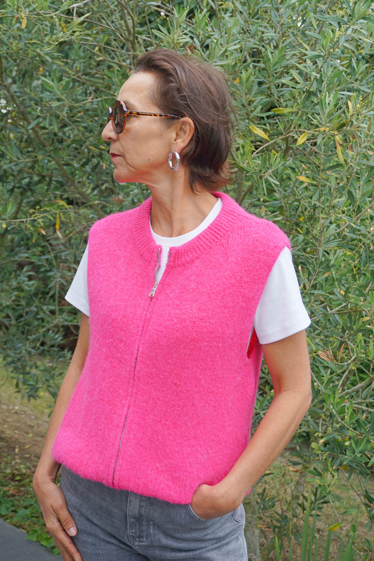 Pull sans manches alpaga zippé rose vif