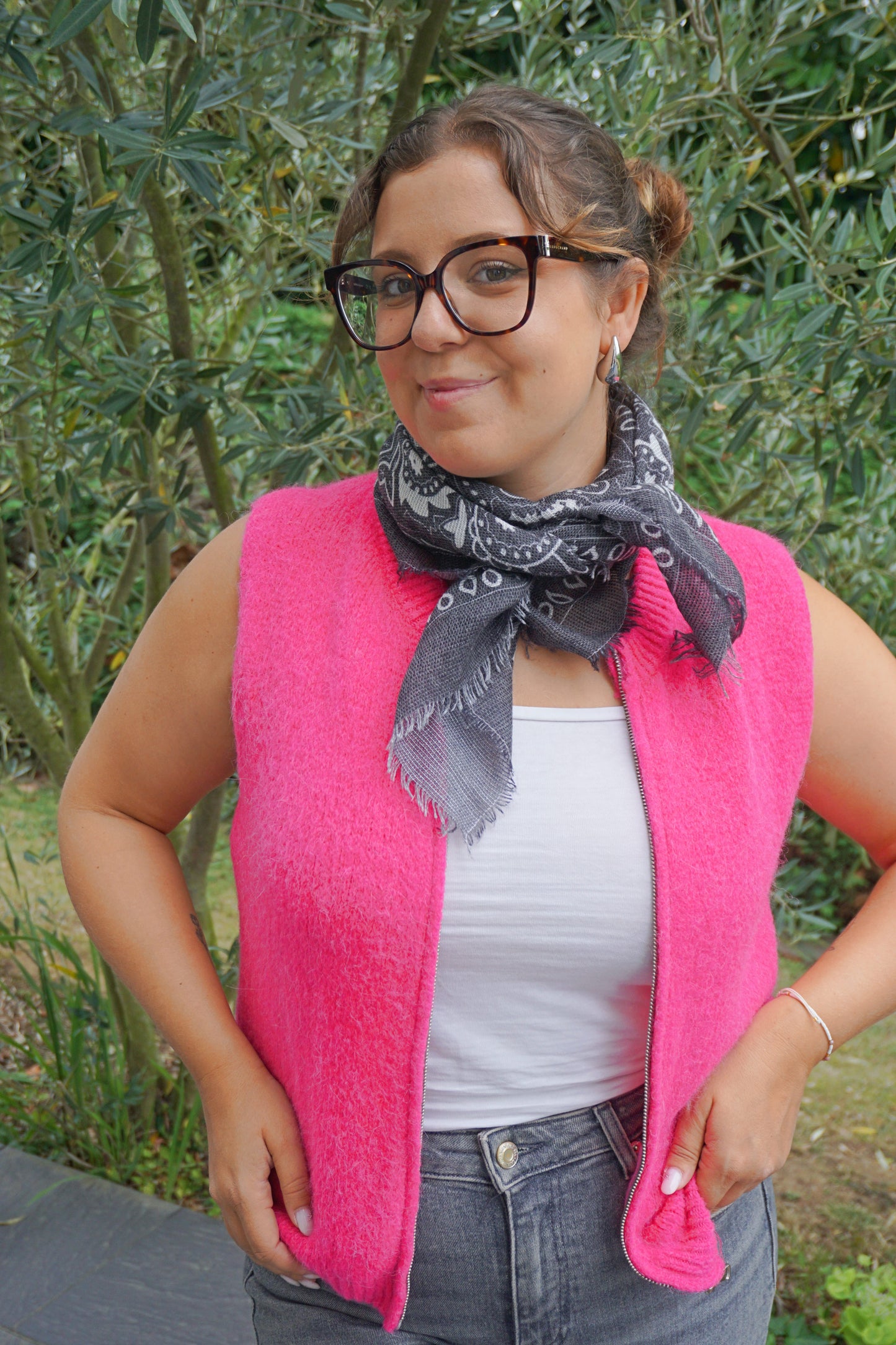 Pull sans manches alpaga zippé rose vif