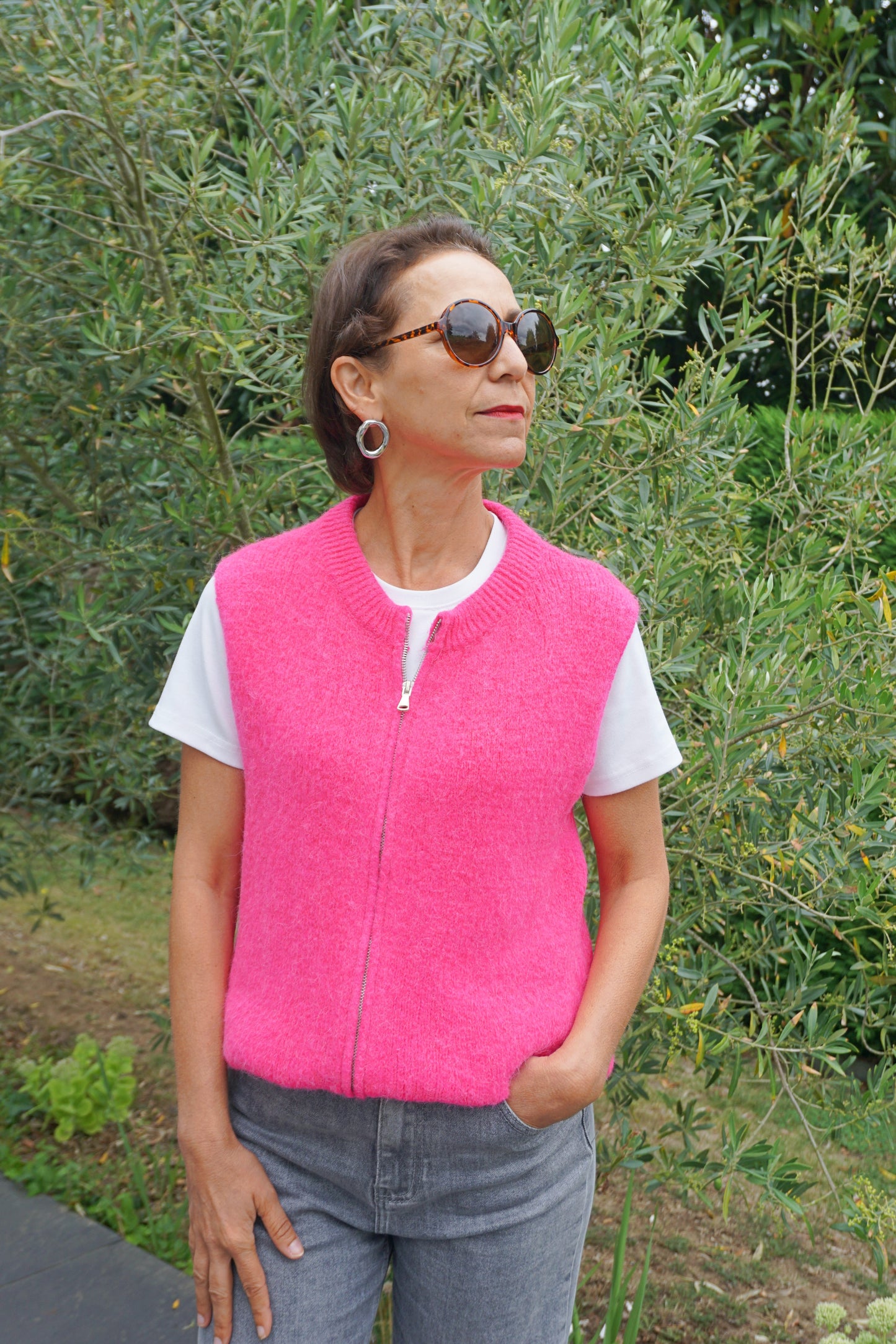 Pull sans manches alpaga zippé rose vif