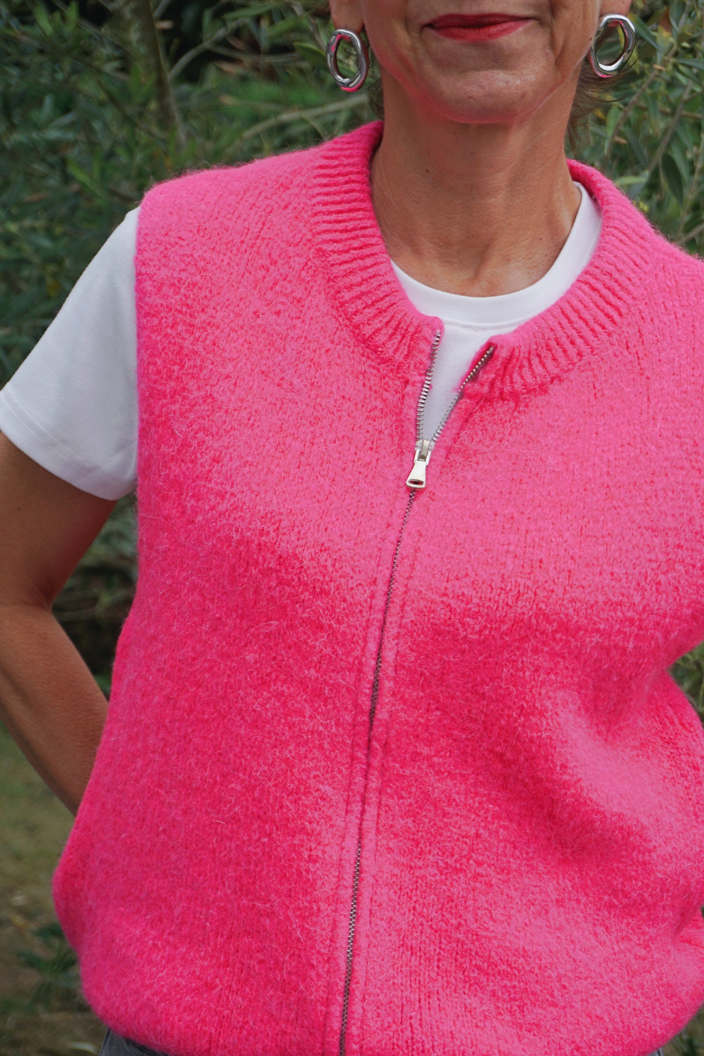 Pull sans manches alpaga zippé rose vif