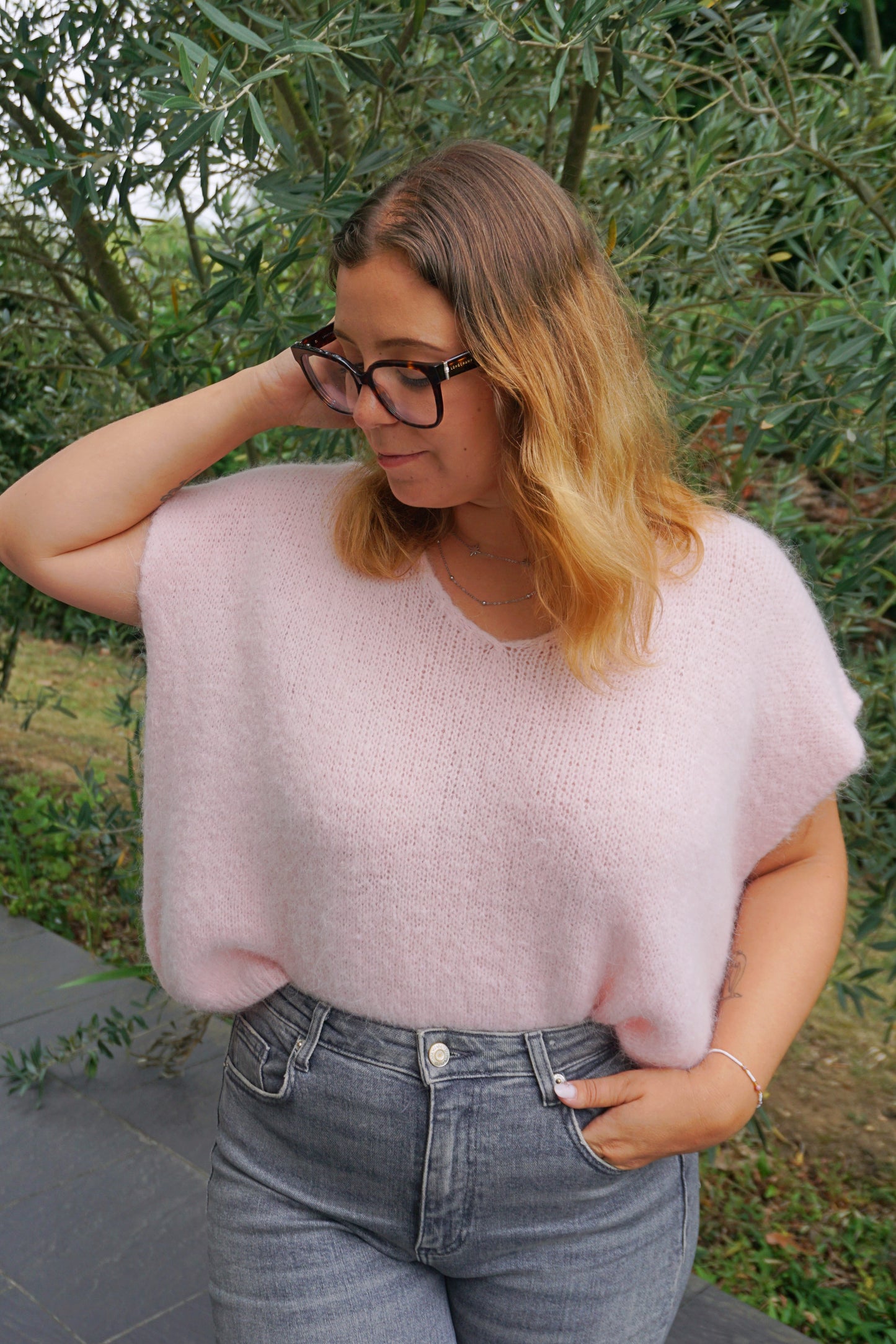 Pull rose alpaga manches courtes