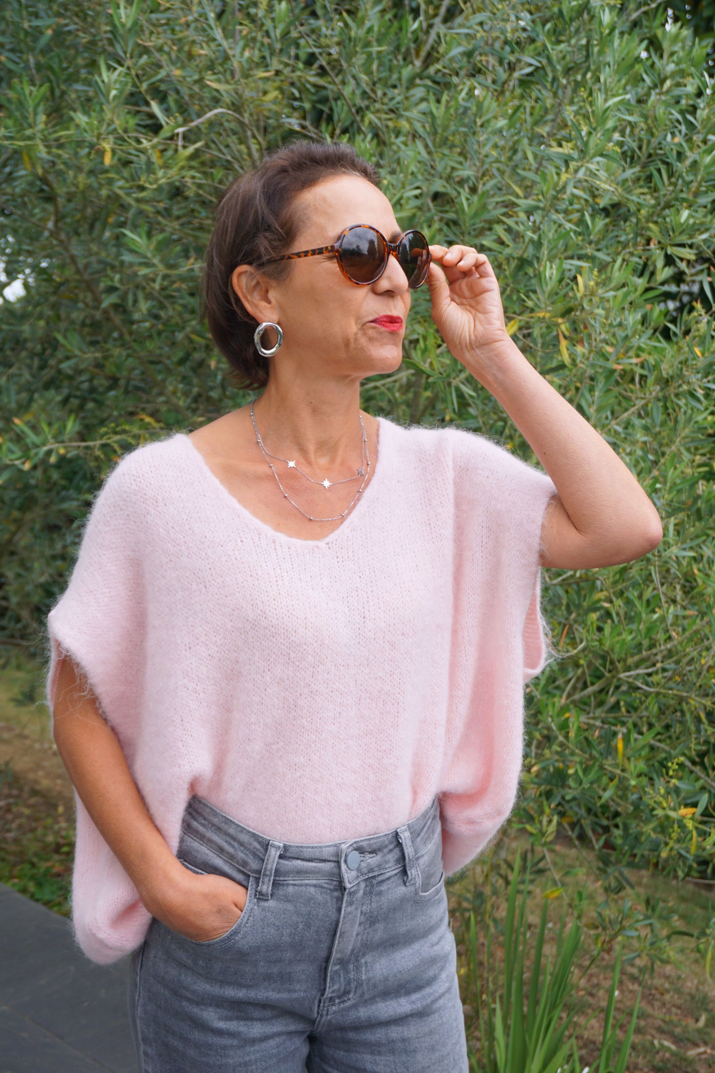 Pull rose alpaga manches courtes