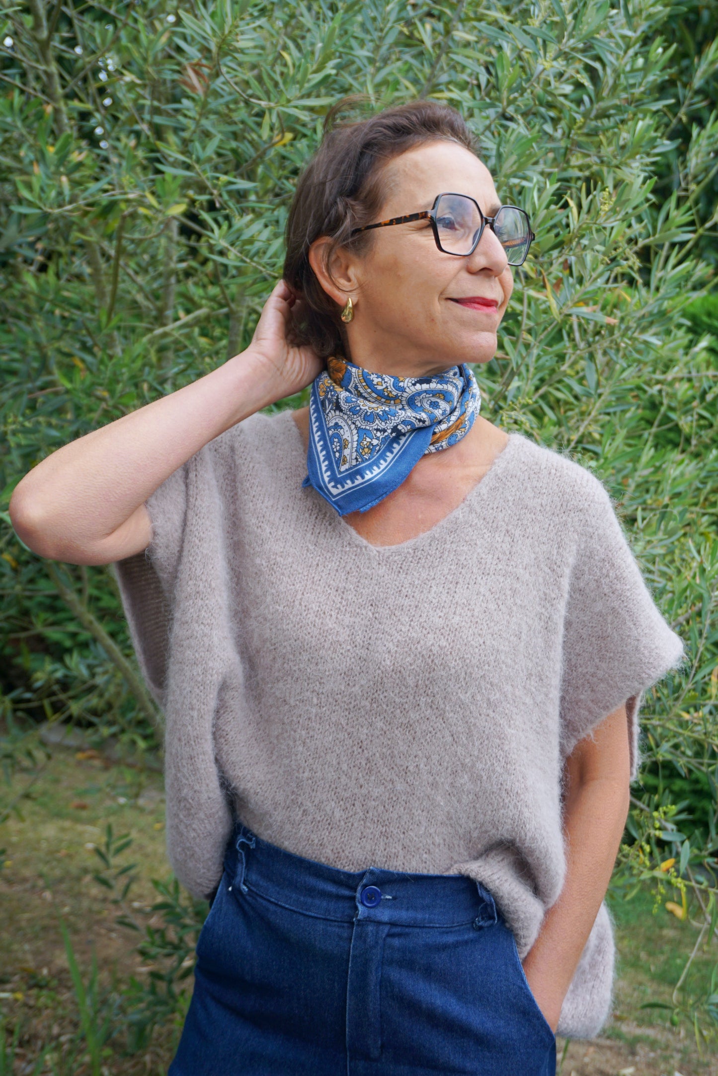 Pull taupe alpaga manches courtes