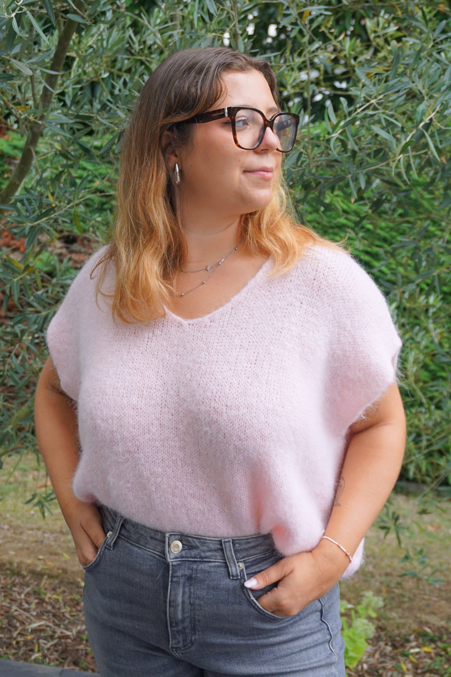 Pull rose alpaga manches courtes