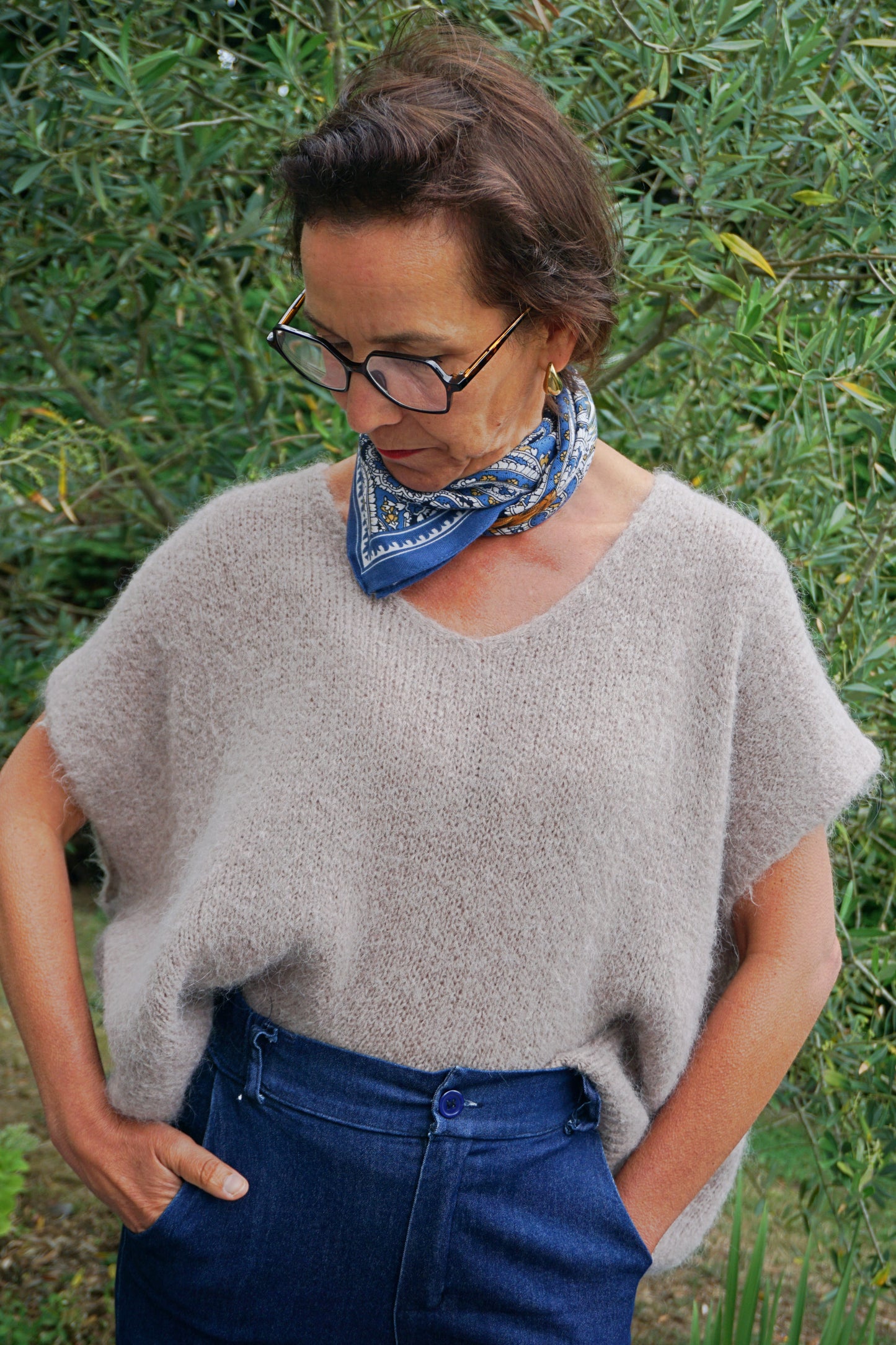 Pull taupe alpaga manches courtes