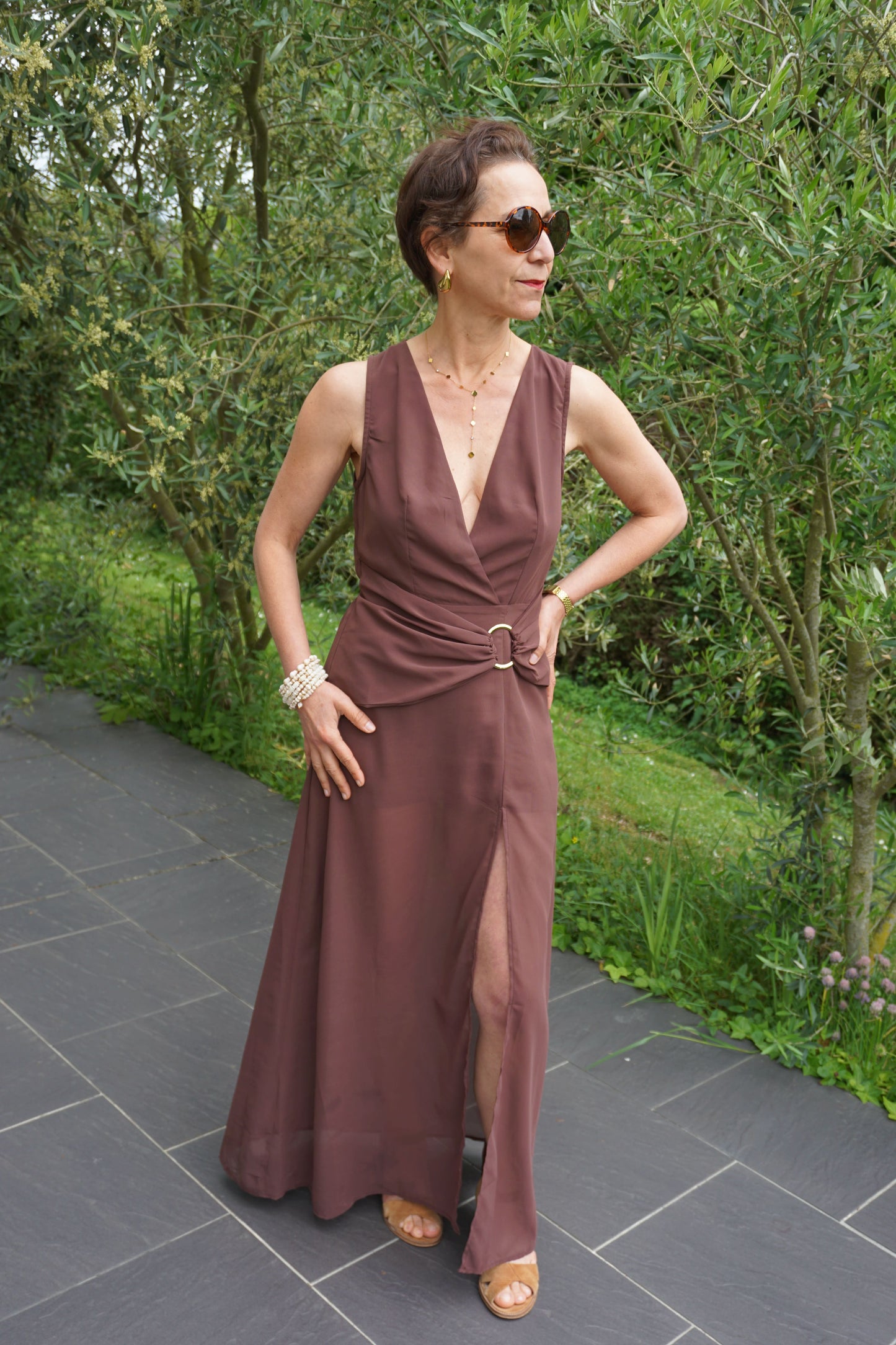 Robe asymétique drapée marron soie