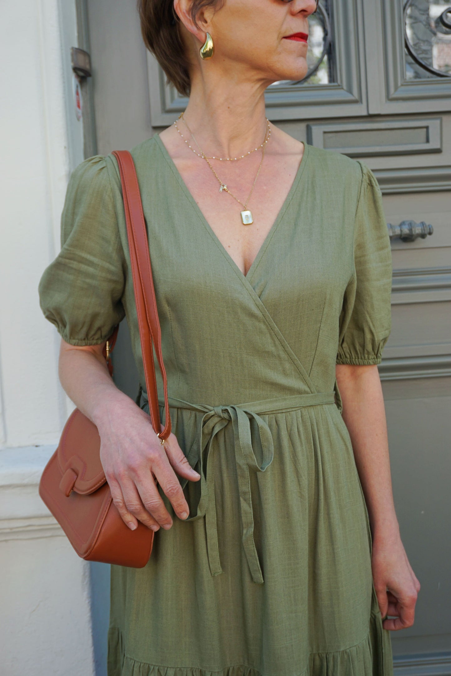 Robe longue verte kaki volants avec lin