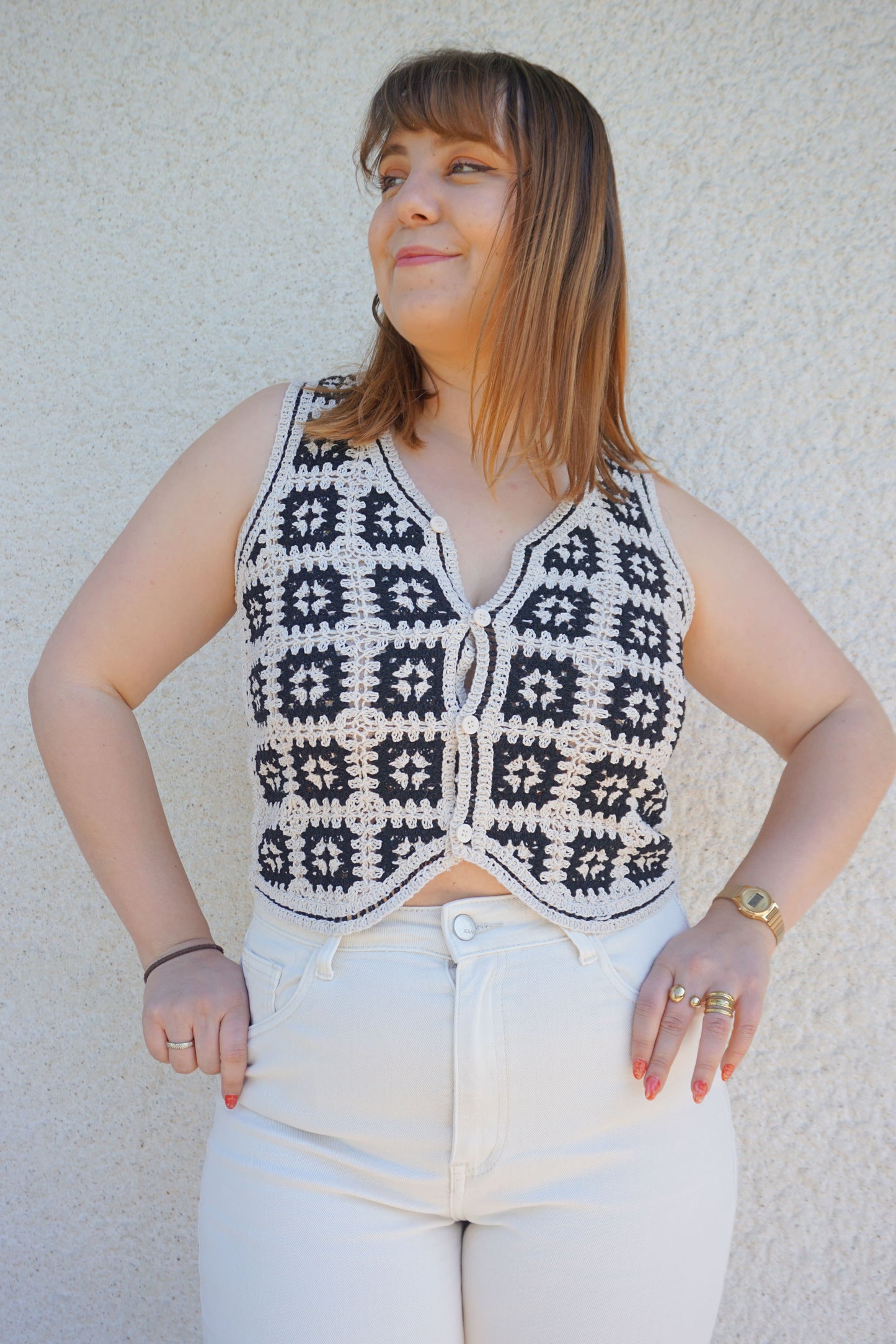 Top gilet crochet noir et crème