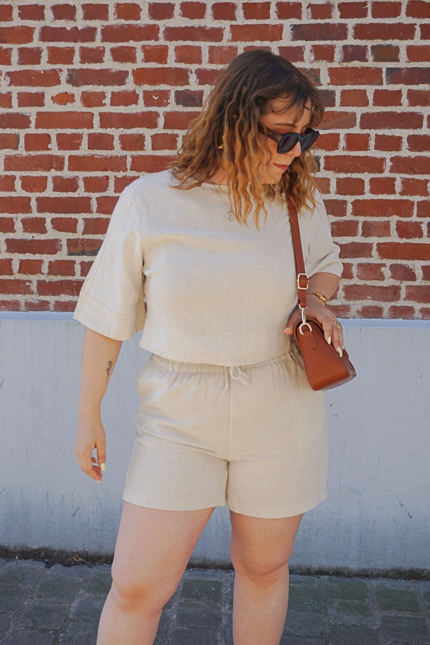 Top tee-shirt crème nœuds avec lin