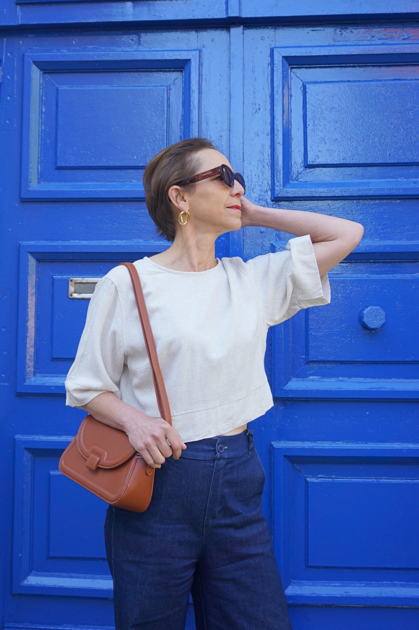 Top tee-shirt crème nœuds avec lin