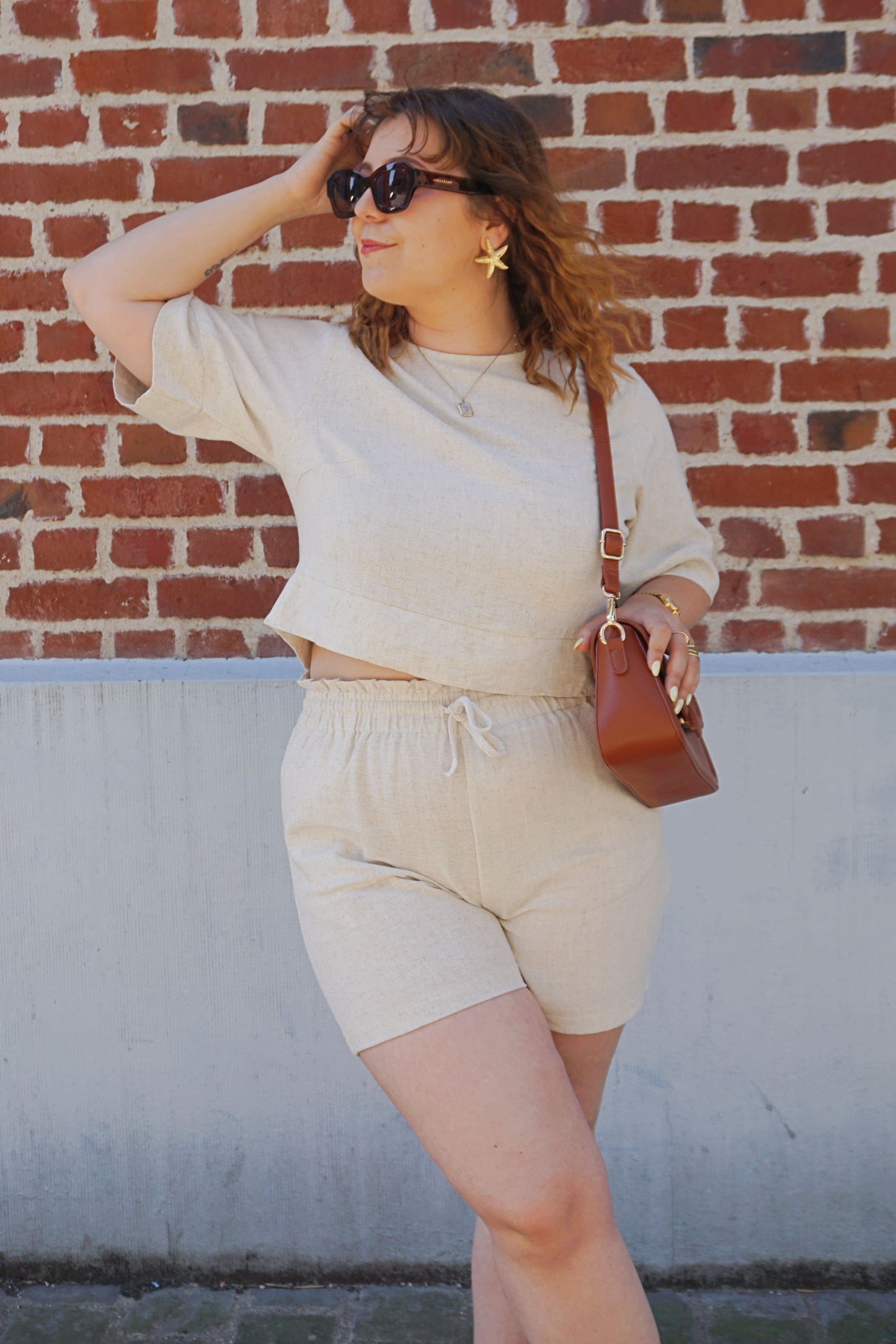 Top tee-shirt crème nœuds avec lin