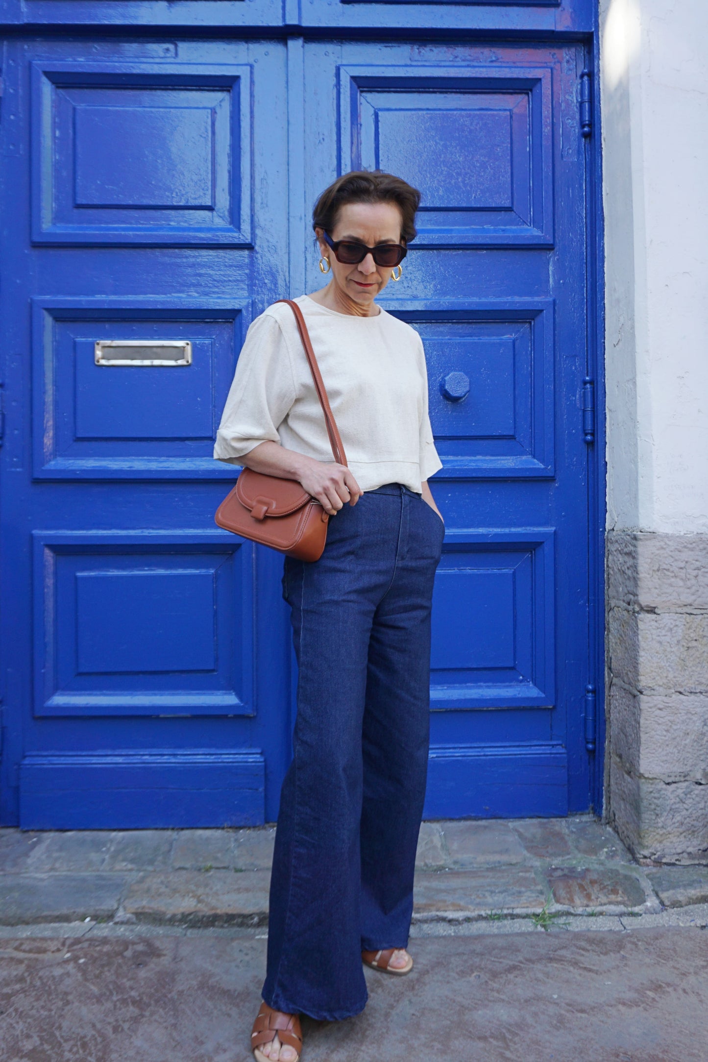 Top tee-shirt crème nœuds avec lin