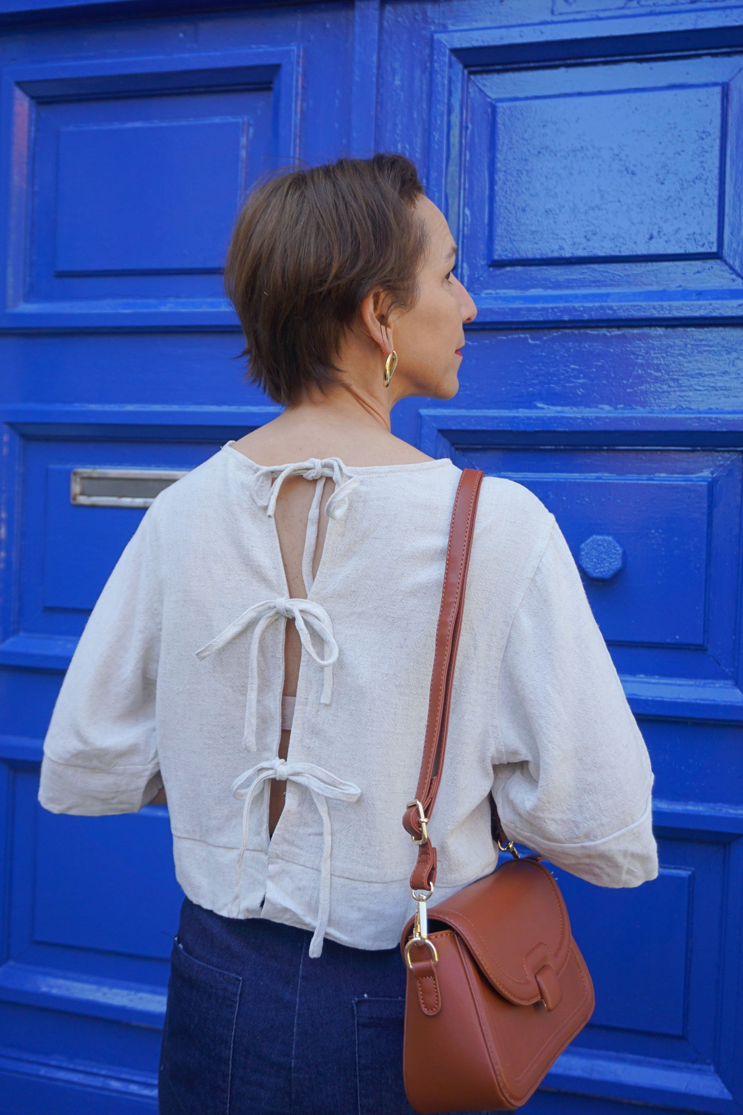 Top tee-shirt crème nœuds avec lin